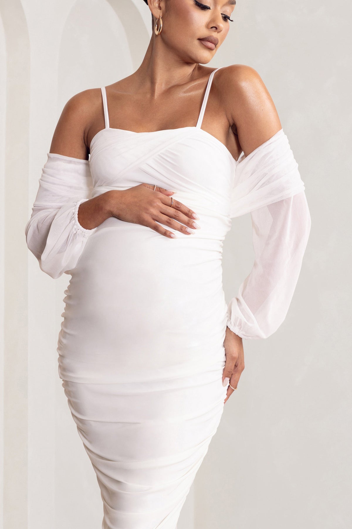 Announcement | White Maternity Ruched Mesh Maxi Dress