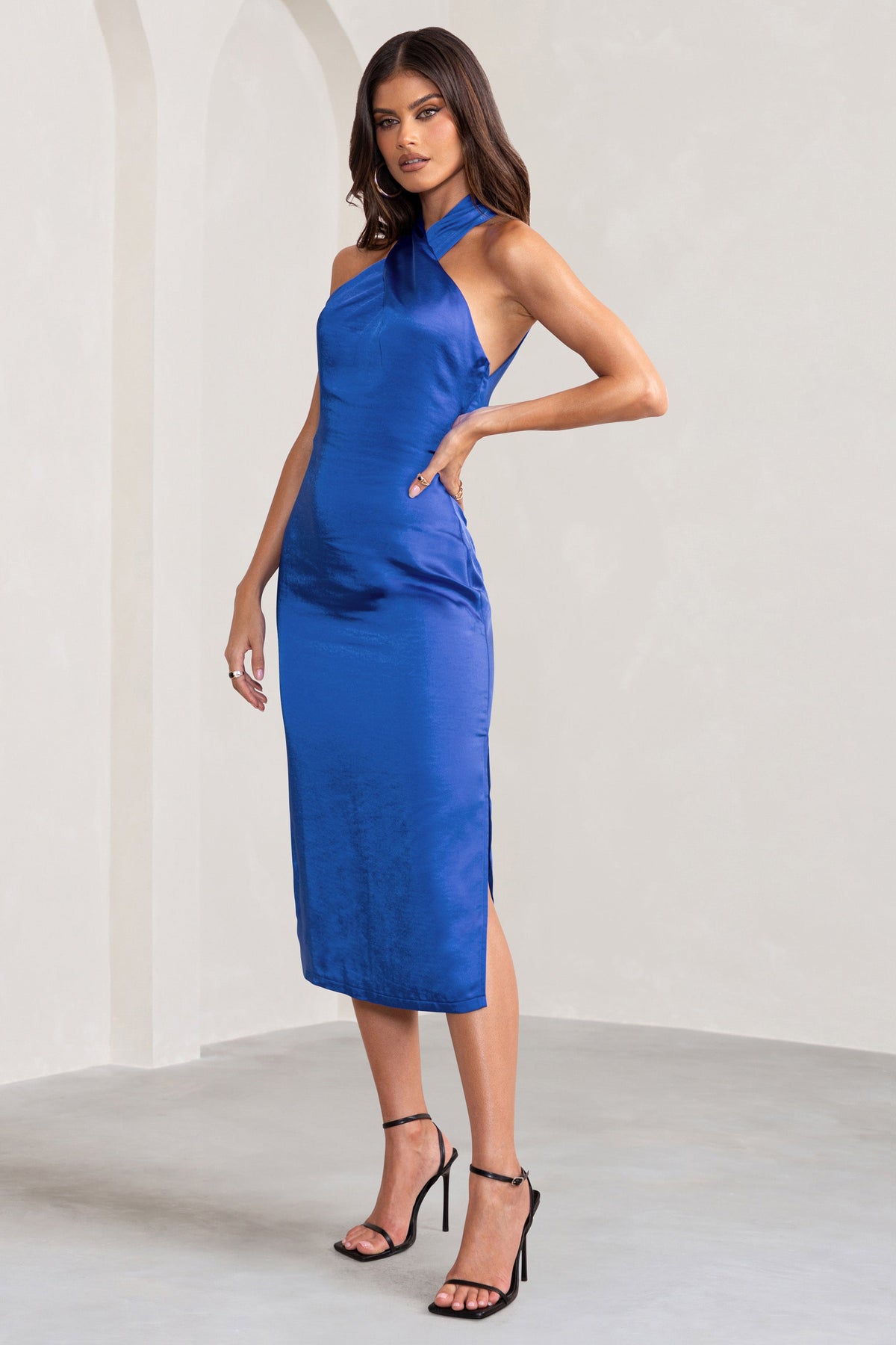 Dazzling | Cobalt Blue Satin Cross Over Halter Neck Midi Dress