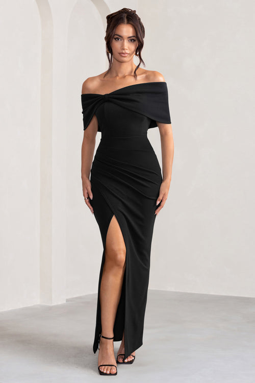 Eva | Robe longue noire bardot avec nœud et fente aux cuisses