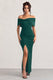 Eva | Bottle Green Bardot Bow Detail Maxi Dress With Thigh Split
