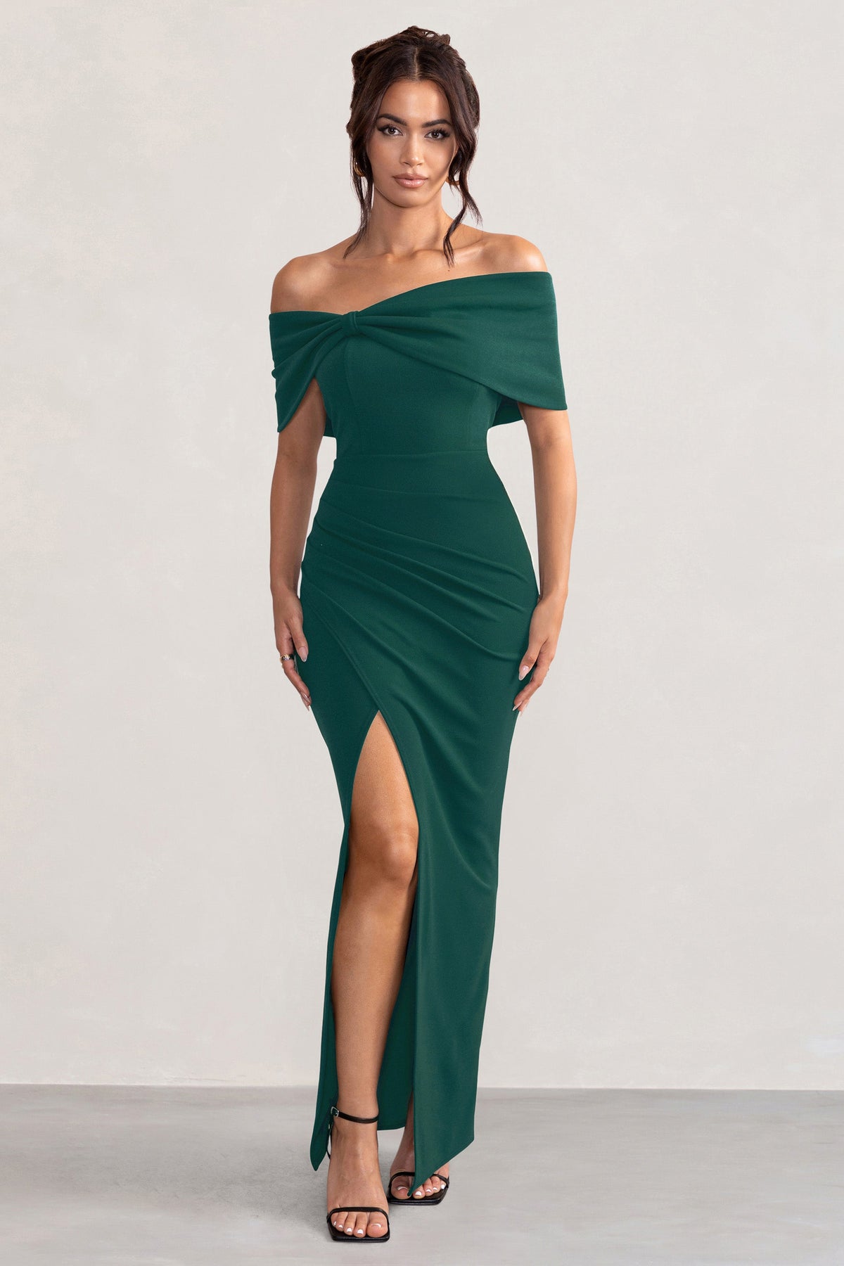 Eva | Bottle Green Bardot Bow Detail Maxi Dress With Thigh Split