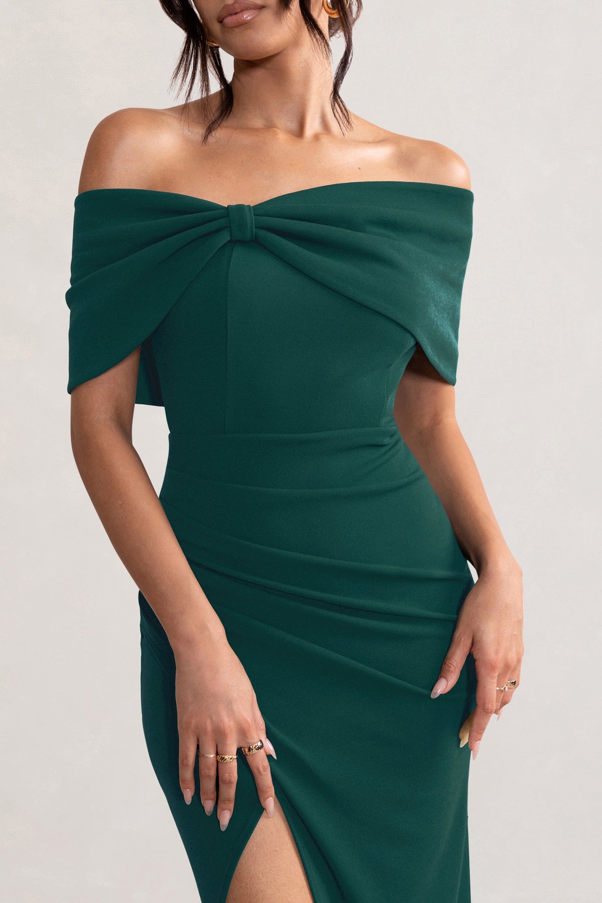 Eva | Bottle Green Bardot Bow Detail Maxi Dress With Thigh Split