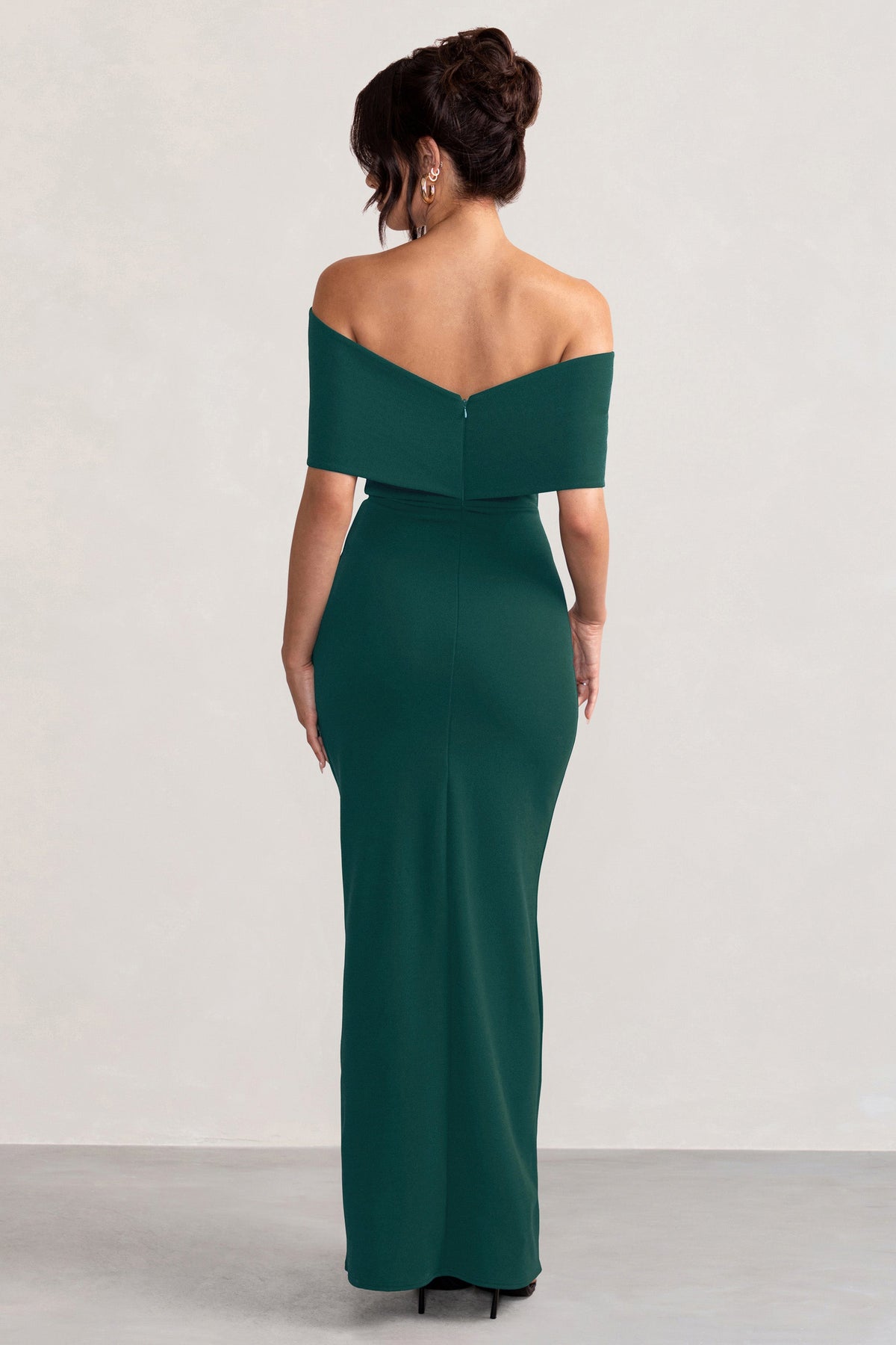 Eva | Bottle Green Bardot Bow Detail Maxi Dress With Thigh Split
