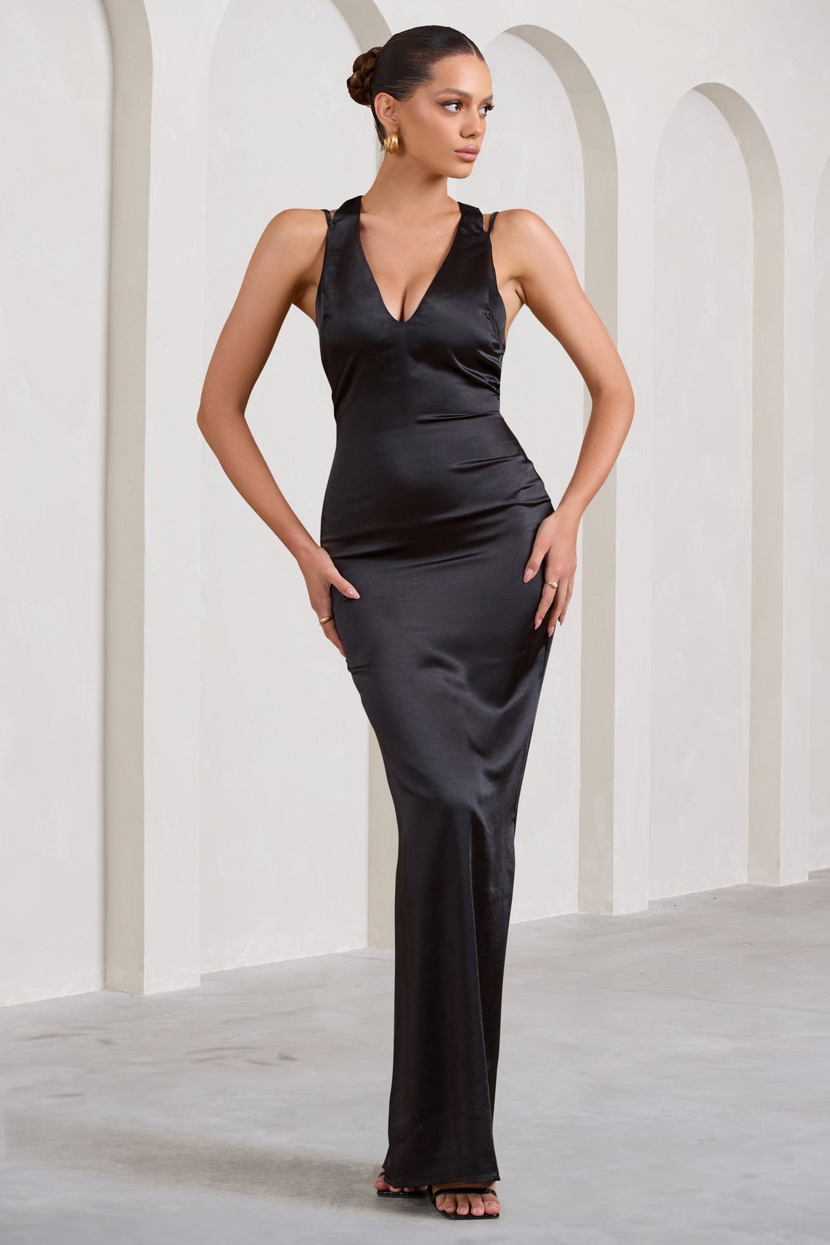 Emery | Black Satin Plunge Neck Strappy Back Maxi Dress