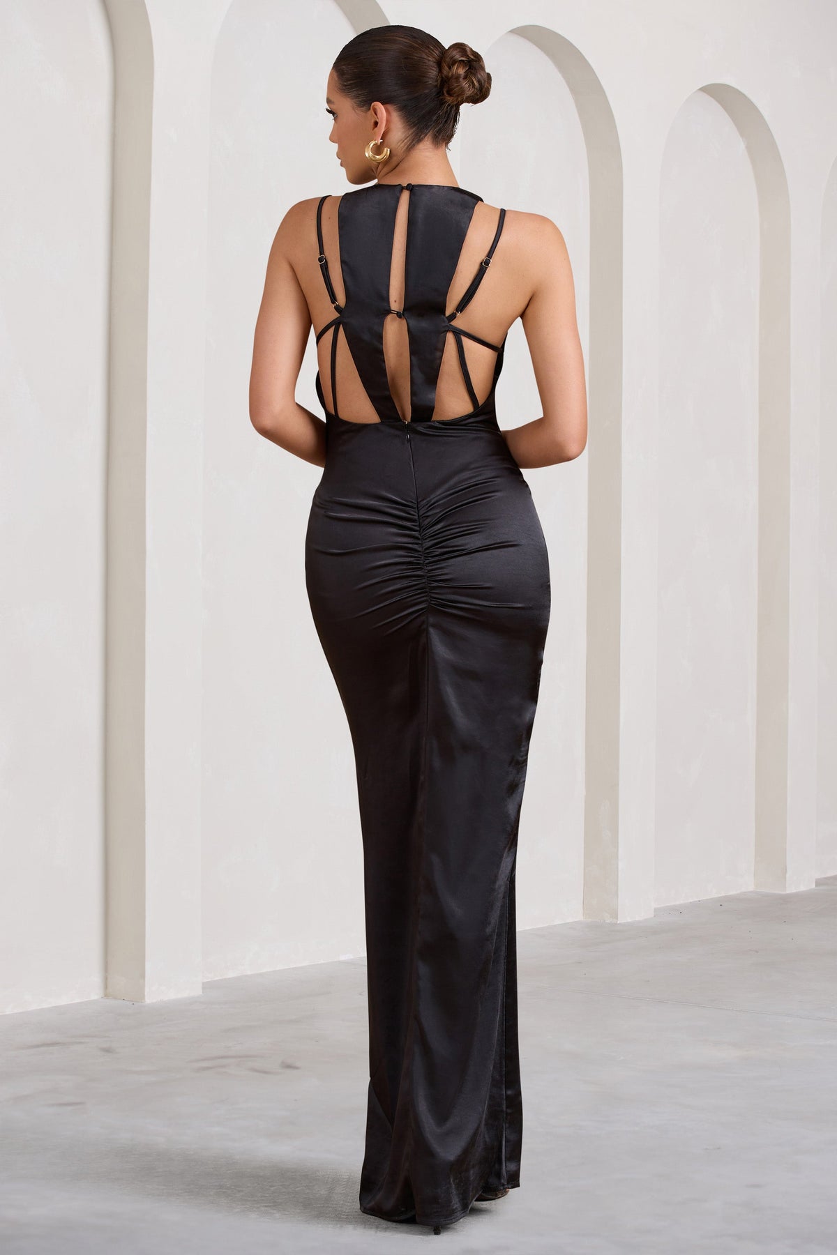 Emery | Black Satin Plunge Neck Strappy Back Maxi Dress