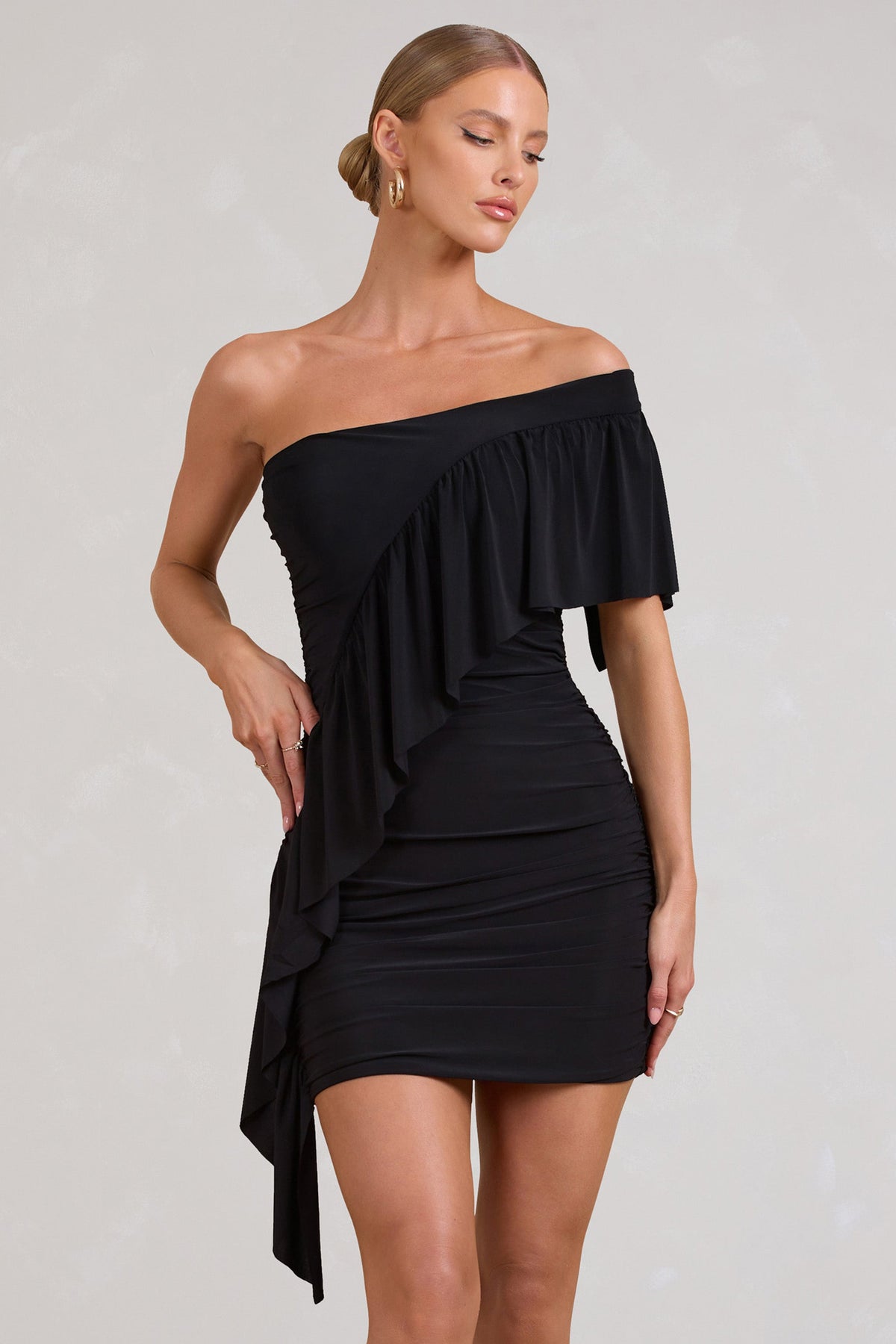 Parfait | Black Asymmetric Ruched Mini Dress With Statement Ruffles