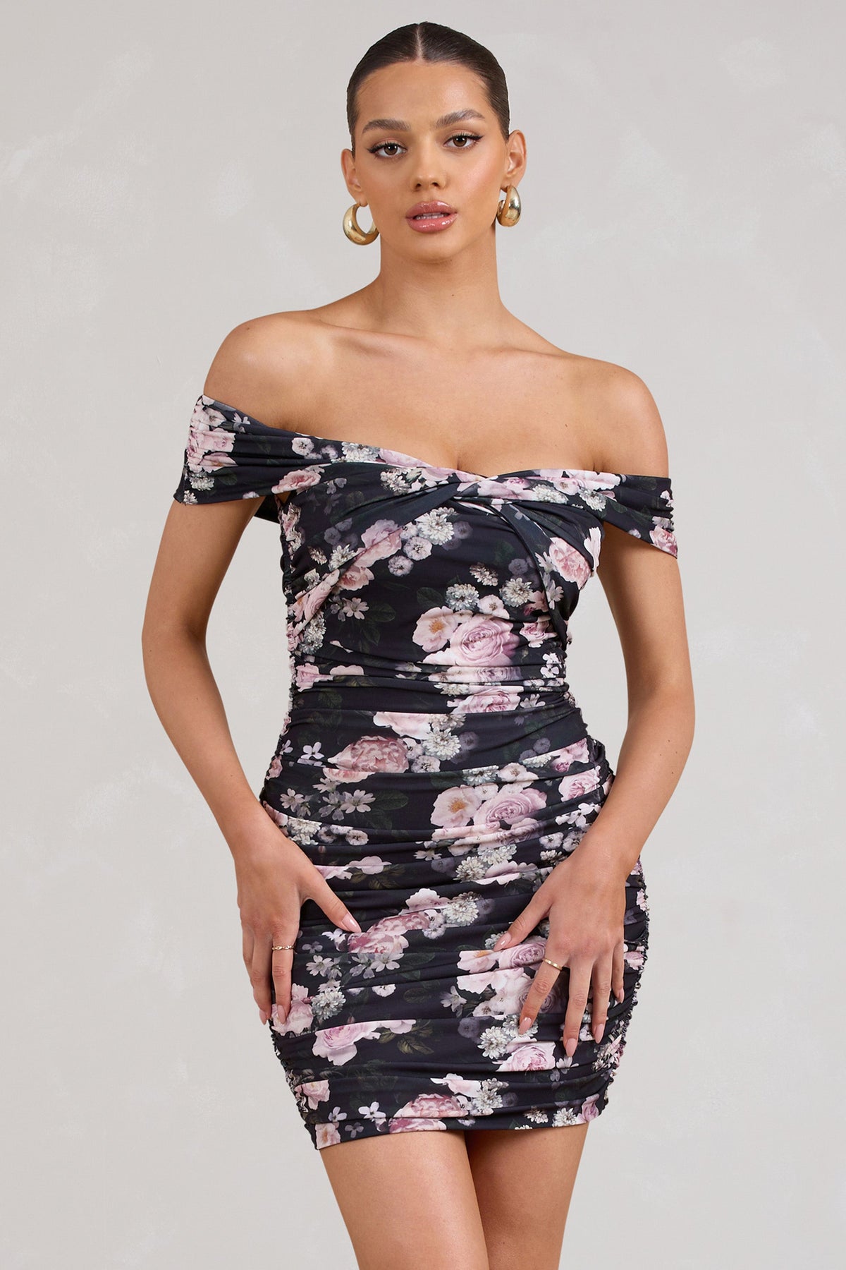 Thorn Black Floral Bardot Bodycon Mini Dress US 10 Black FLORAL