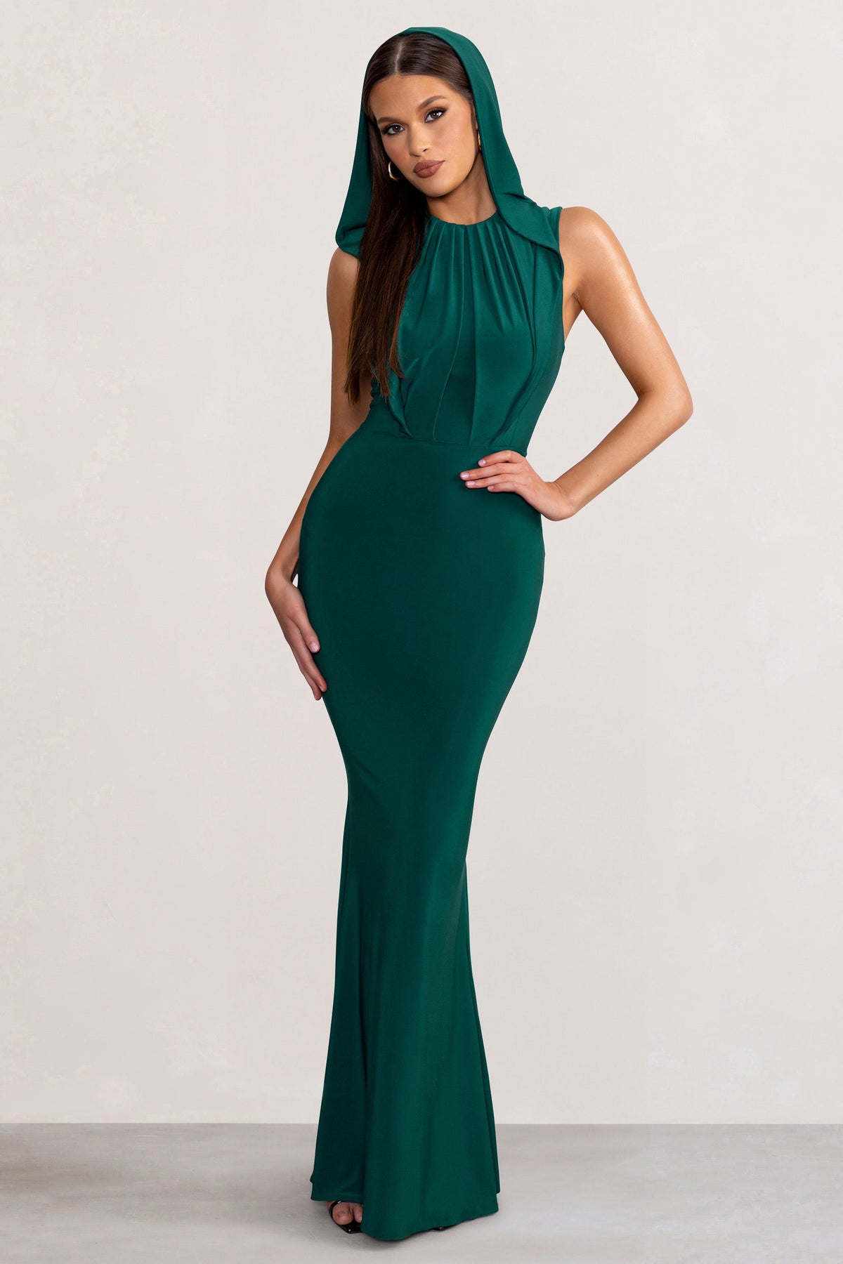 Phoenix | Bottle Green Sleeveless Maxi Dress with Hood