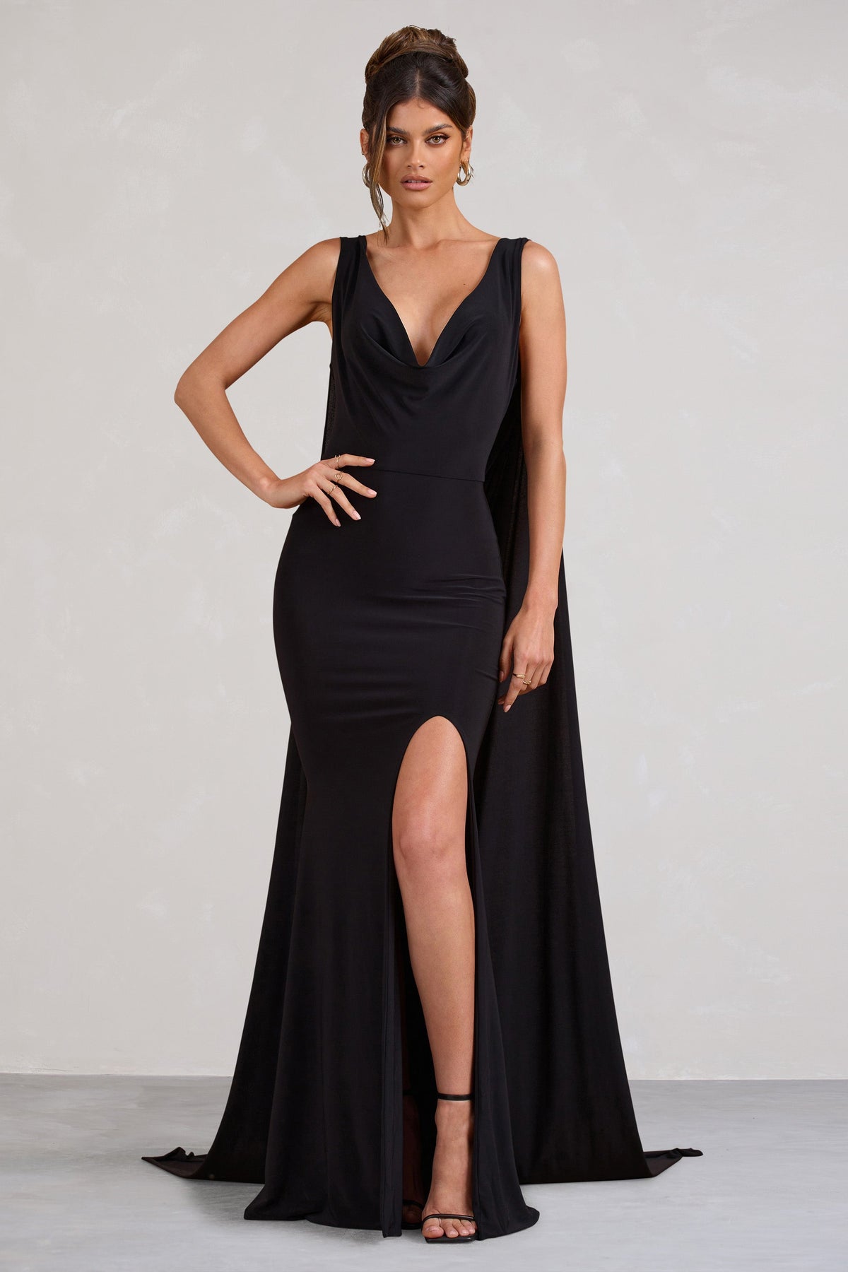 A Toast | Black Split Maxi Dress With Draped Cape