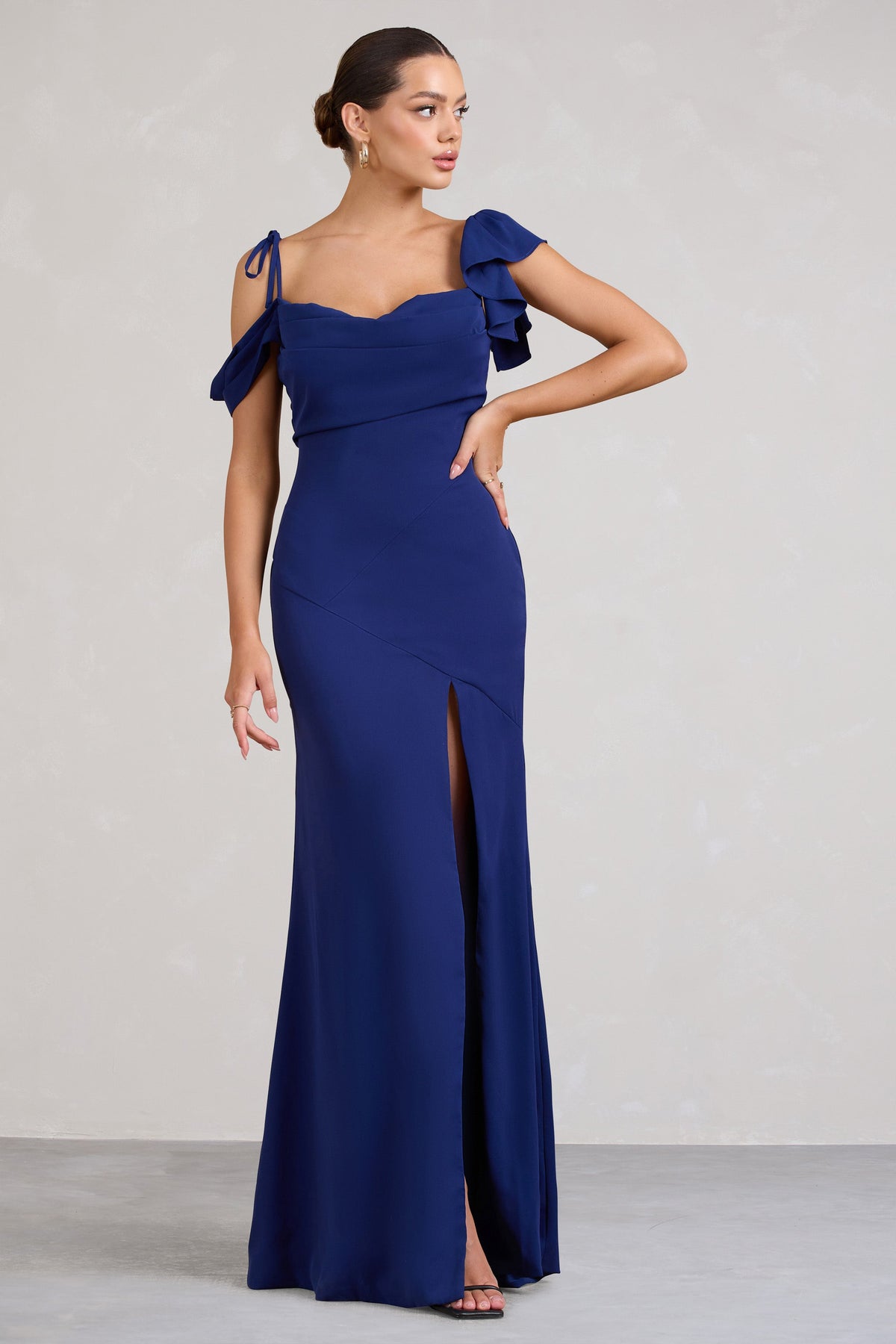 Merlot | Navy Asymmetric Draped Split Maxi Dress