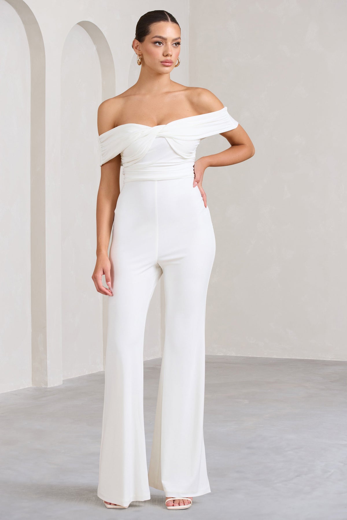 Recognition | White Off The Shoulder Ruched Jumpsuit