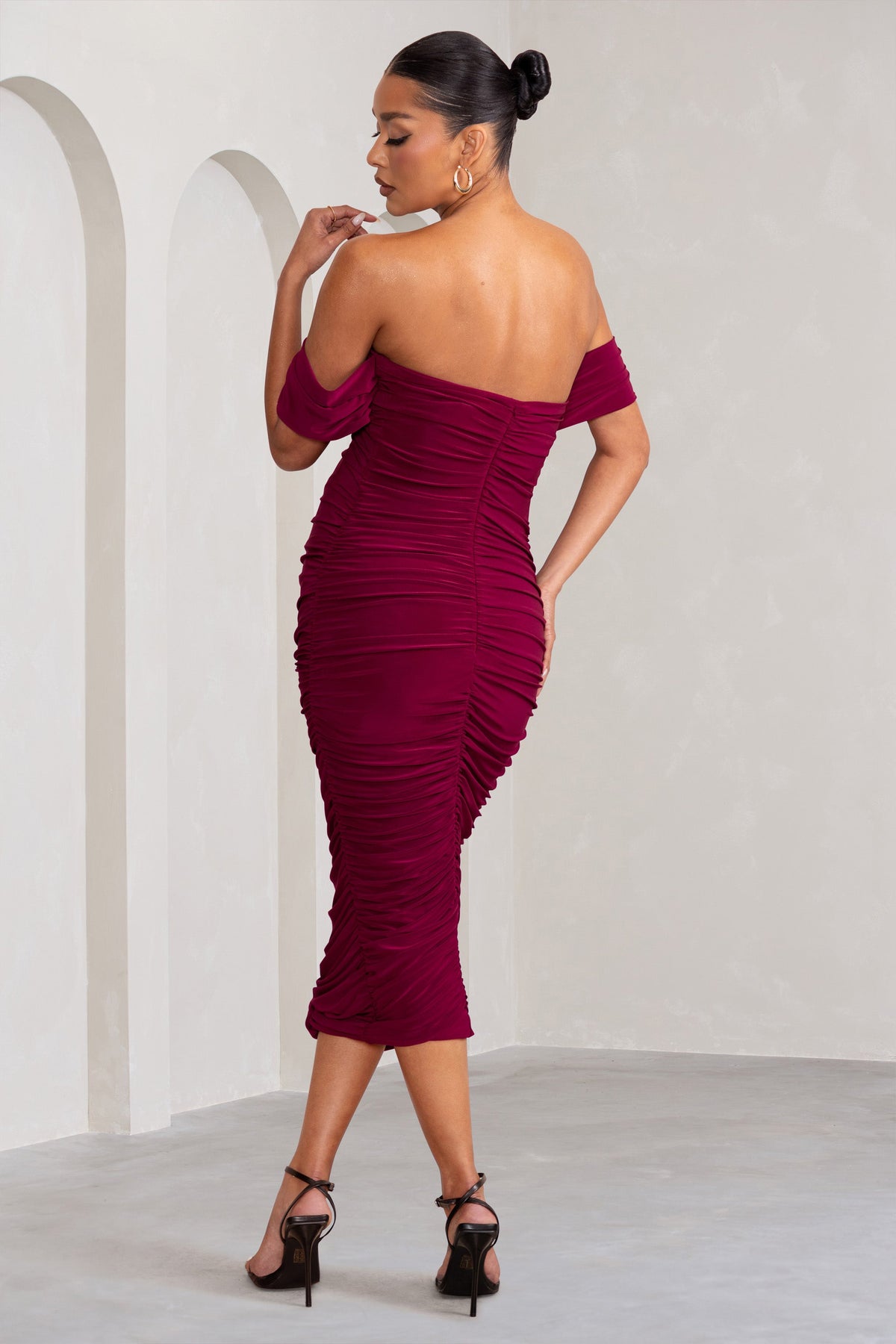 Plus One | Berry Maternity Ruched Bardot Midi Dress