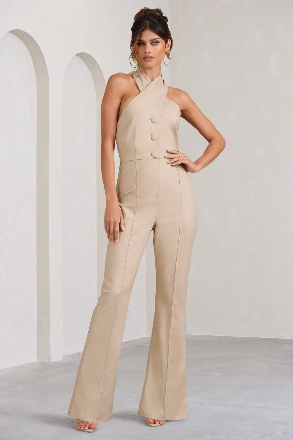 Don't Cross Me | Stone Halter Neck Tailored Buttoned Sleeveless Jumpsuit