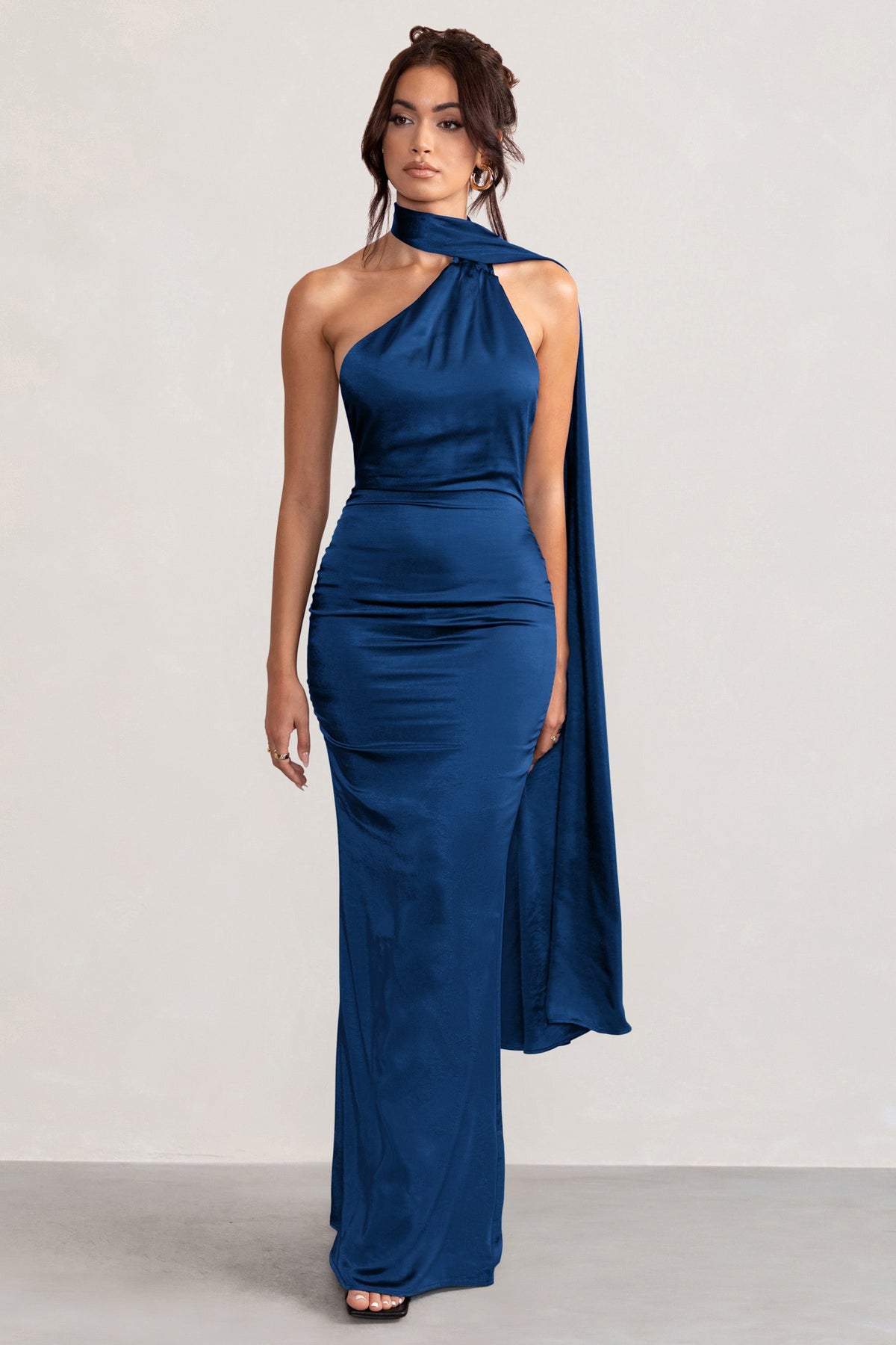 Mademoiselle | Navy Asymmetric Scarf Neck Backless Maxi Dress