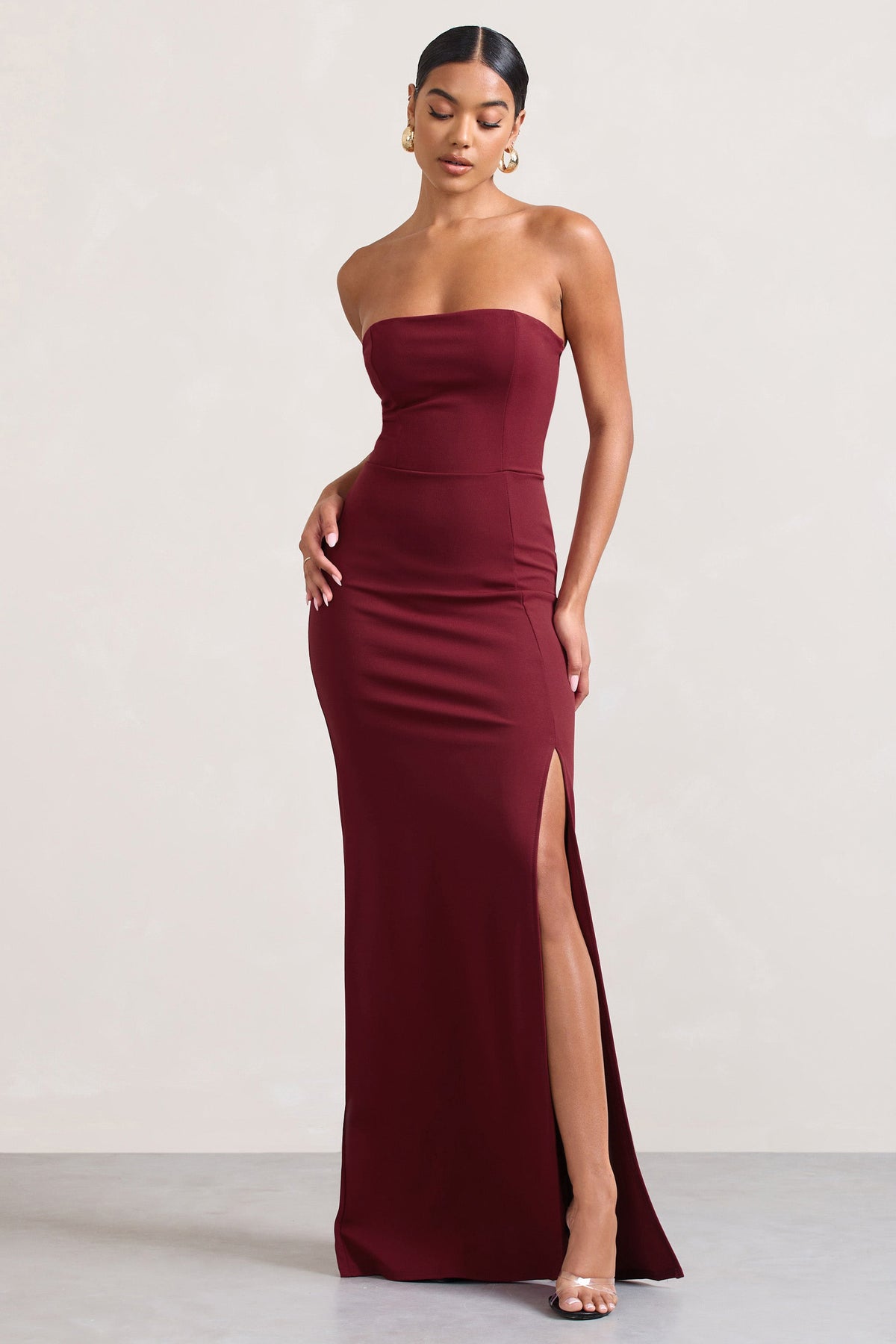 Belle of The Ball | Berry Bandeau Maxi Dress With Split Hem