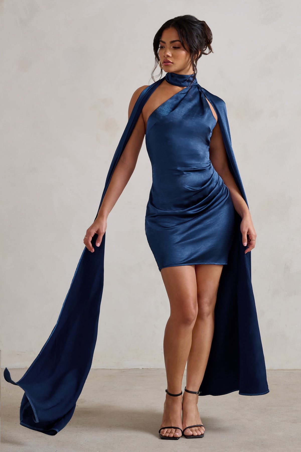 Laurelie | Navy Satin Statement Cape Design Mini Dress