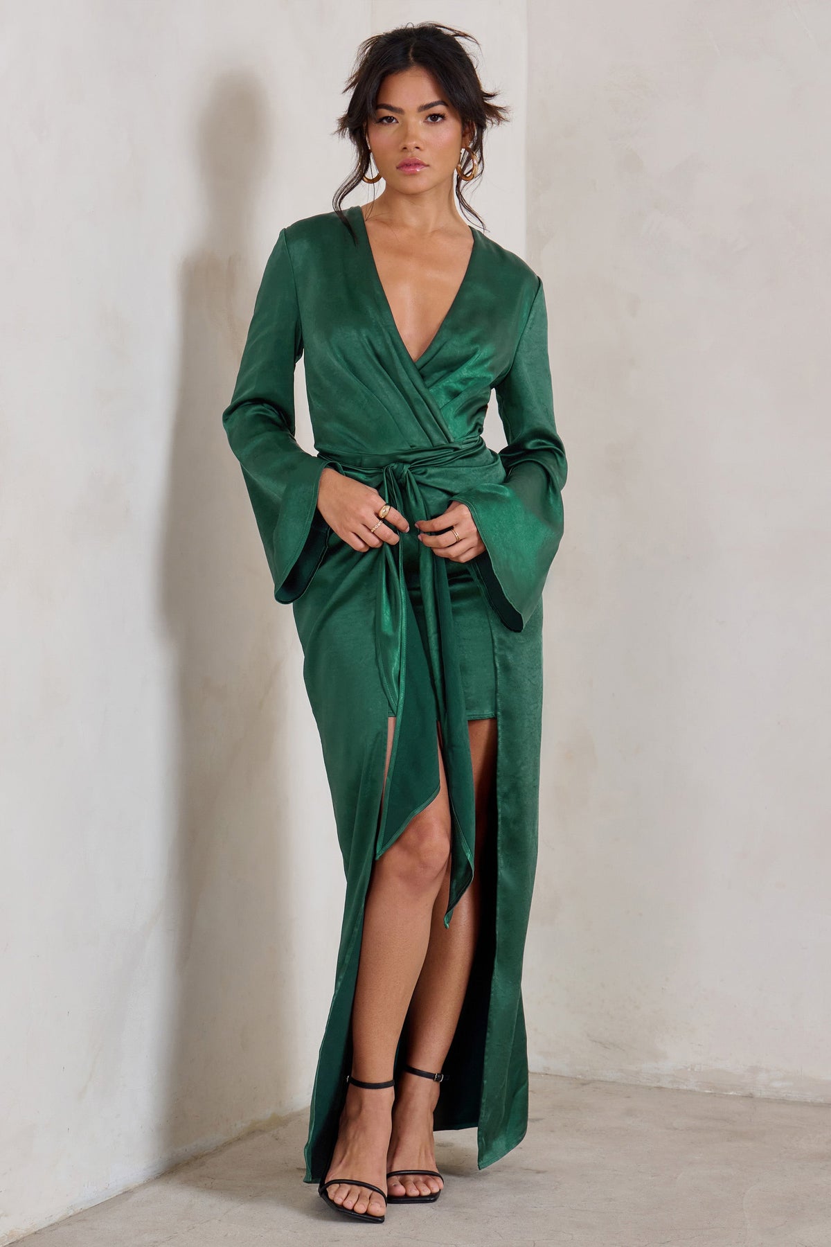 Patricia Green Extreme Plunge Long Sleeve Maxi Dress With Tie Detail Club L London - CA Patricia Green Extreme Plunge Long Sleeve Maxi Dress With Tie Detail Club L London - CA