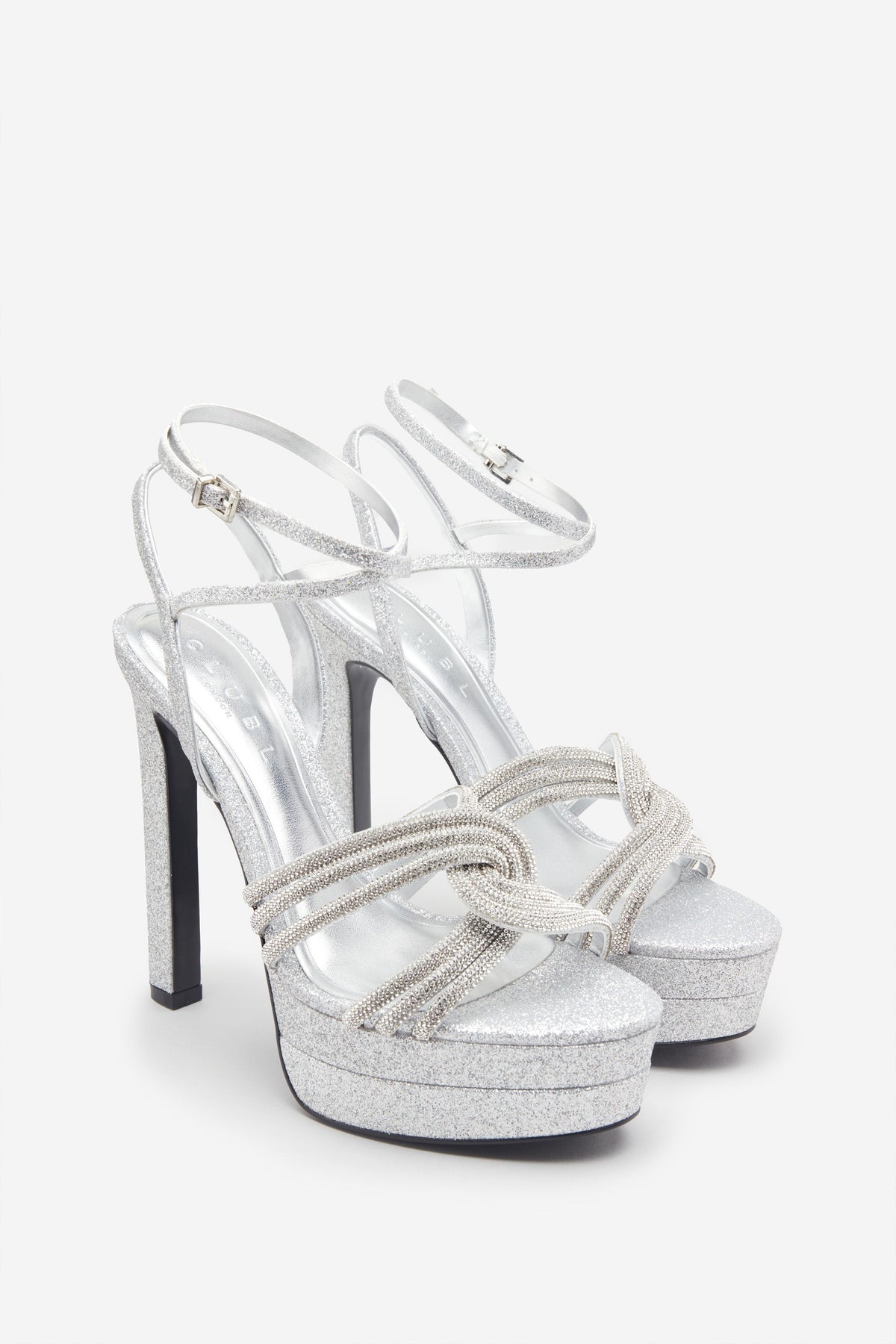 Doll Drama | Silver Glitter Diamante Strappy Platform Heels