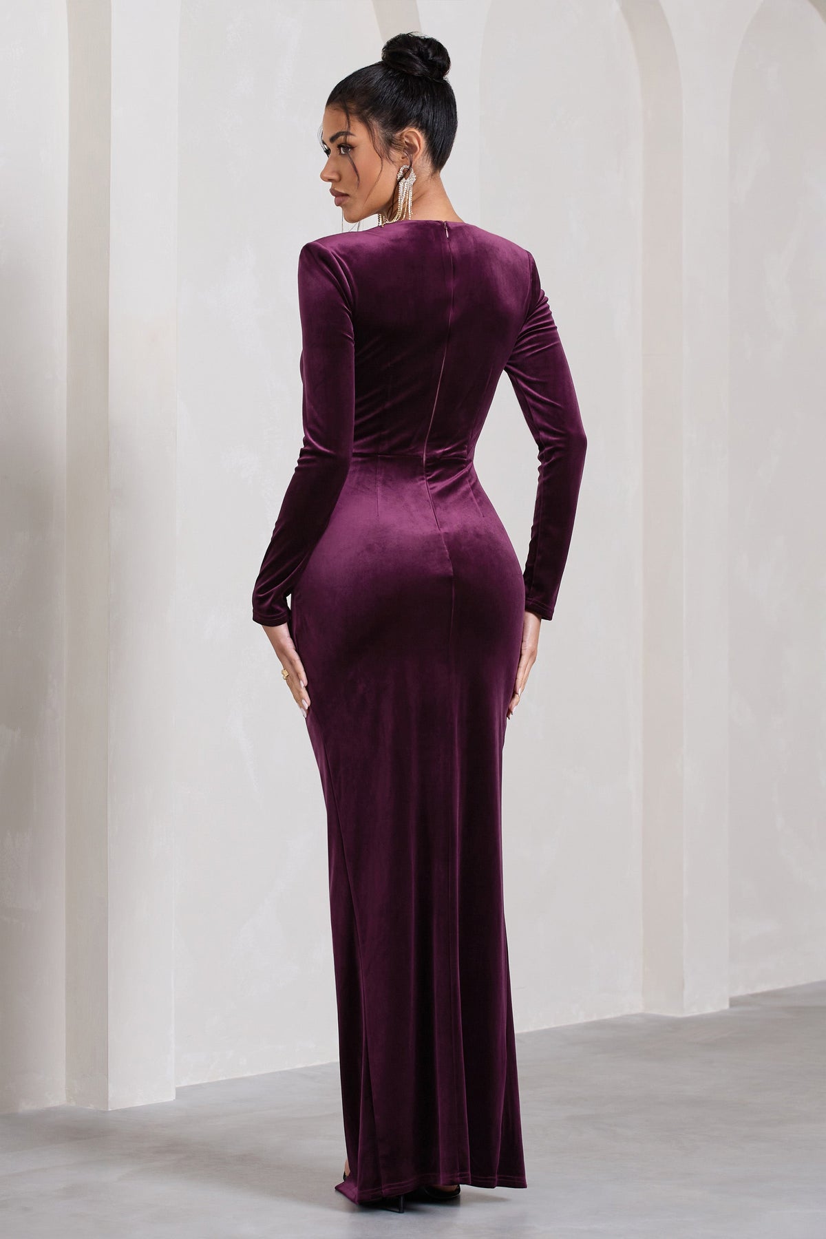 Vin Chaud Dark Purple Velvet Long-Sleeved Split Maxi Dress Club L London - CA Vin Chaud Dark Purple Velvet Long-Sleeved Split Maxi Dress Club L London - CA