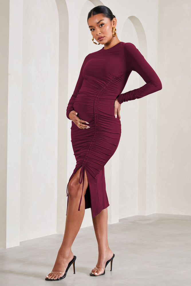 Eternal Berry Long Sleeved Split Maternity Midi Dress Club L London CA