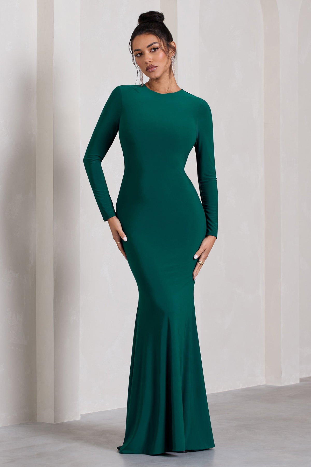 Starring | Bottle Green  Long-Sleeve Backless  Maxi Dress