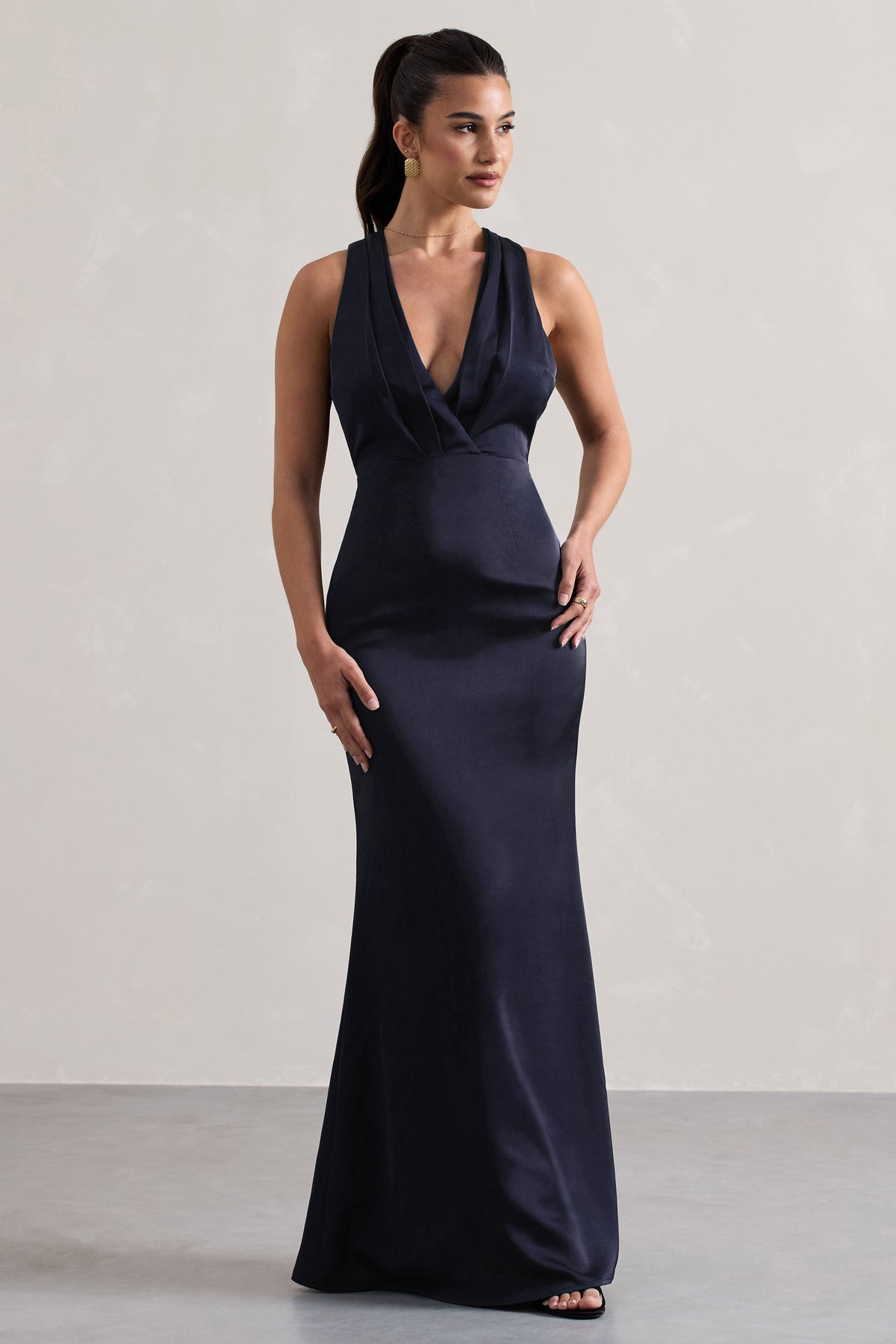 Tiffany | Navy Satin Plunge-Neck Maxi Dress