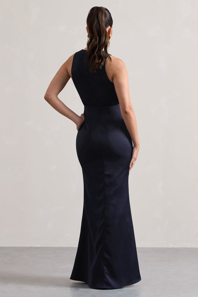 Tiffany Navy Satin Plunge Neck Maxi Dress