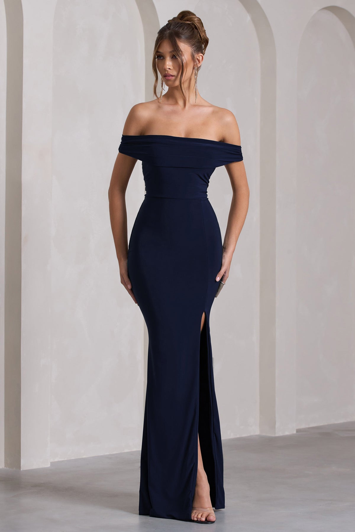 Law of Attraction | Navy Bardot Draped Split Maxi Dress