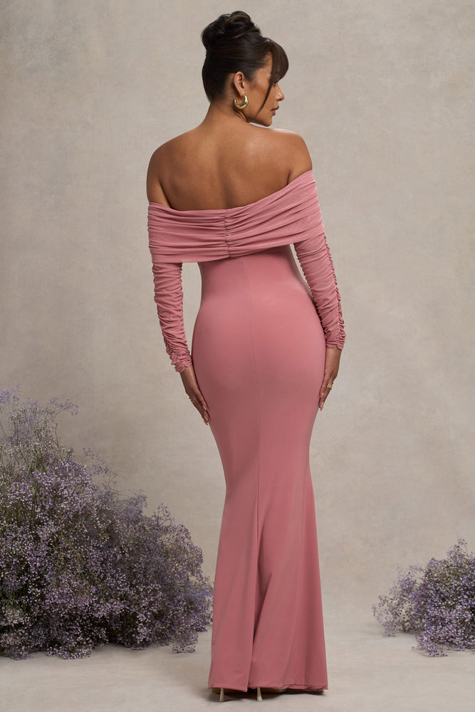 blush pink mesh floral bardot maternity maxi dress Pretty Perfect Blush Pink Maternity Ruched Mesh Bardot Maxi Dress – Club L  London