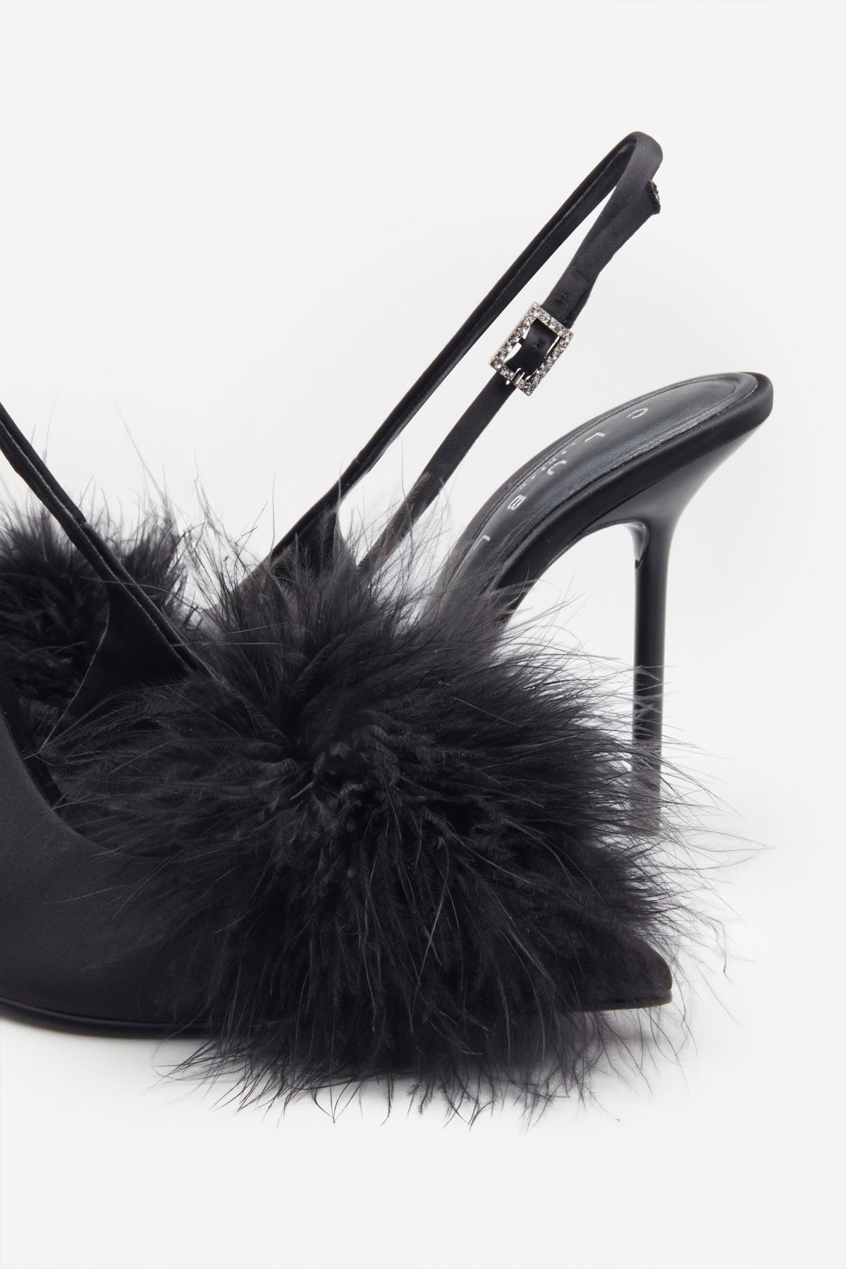 High Pitched Black Satin Sling Back Heels With Pom Poms Club L London CA