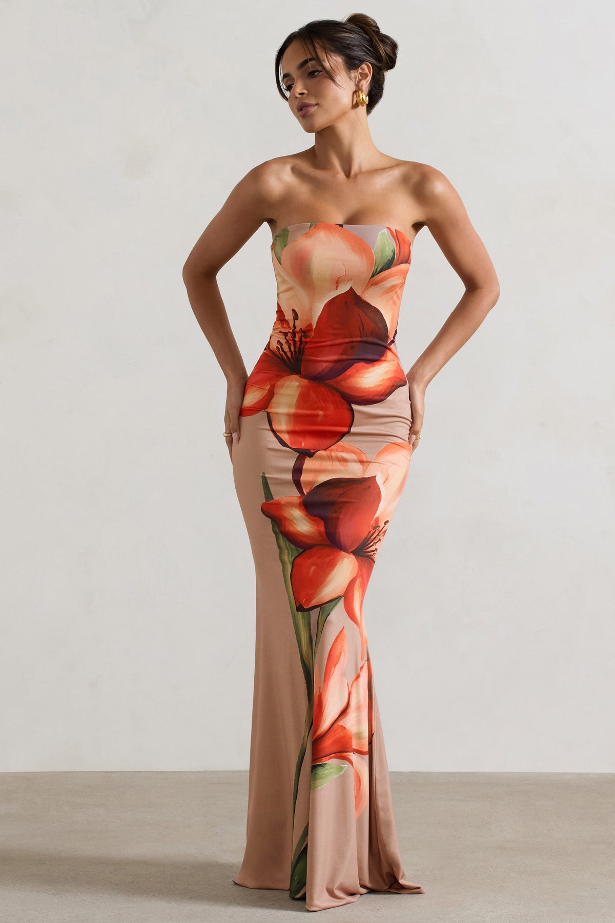 Ceremony Orange and Mocha Floral Bandeau Fishtail Maxi Dress Club L London CA