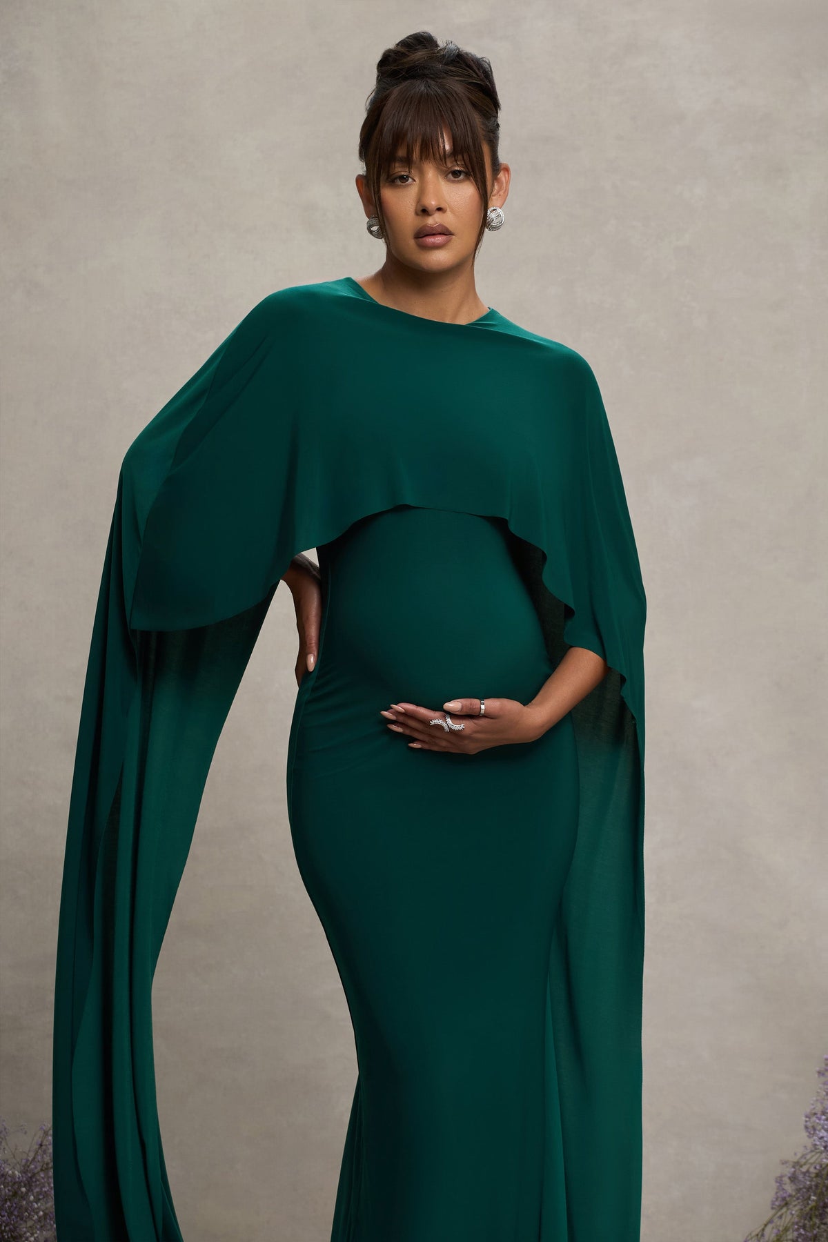 Padma | Bottle Green Draped Maternity Maxi Dress With Cape Sleeves