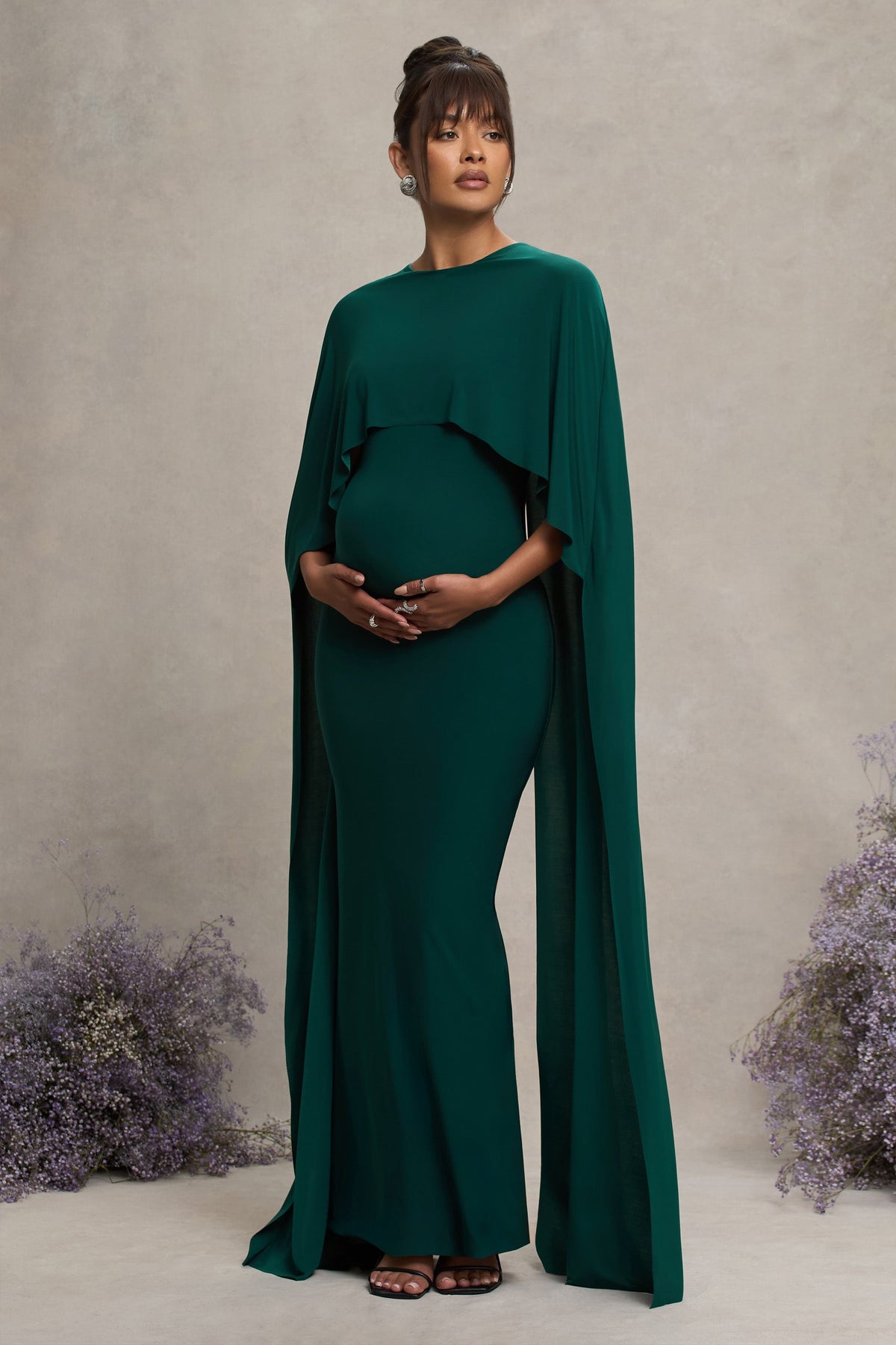 Padma | Bottle Green Draped Maternity Maxi Dress With Cape Sleeves