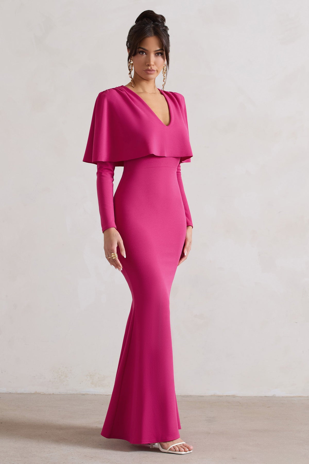 Dalia | Dark Pink V-Neck Draped Long Sleeve Maxi Dress