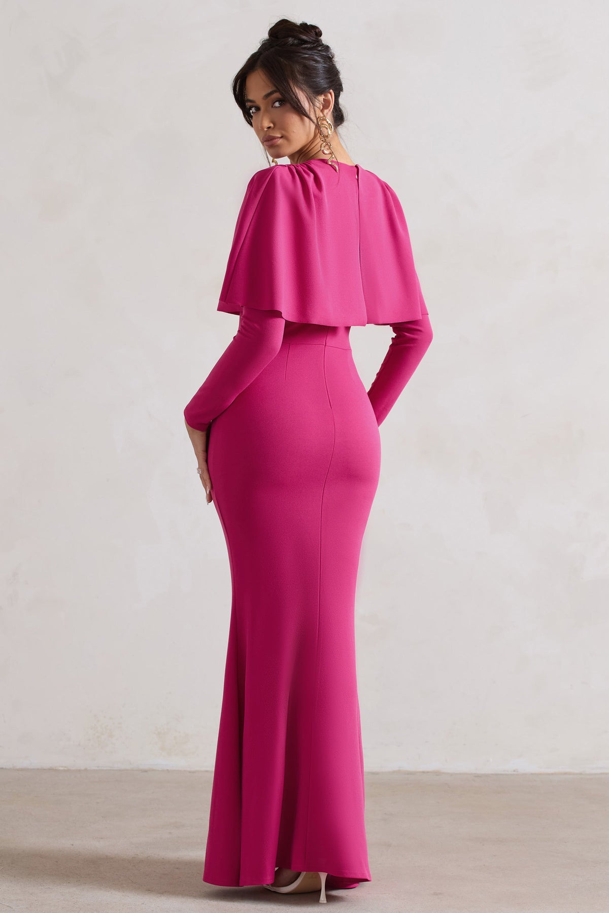 Dalia | Dark Pink V-Neck Draped Long Sleeve Maxi Dress