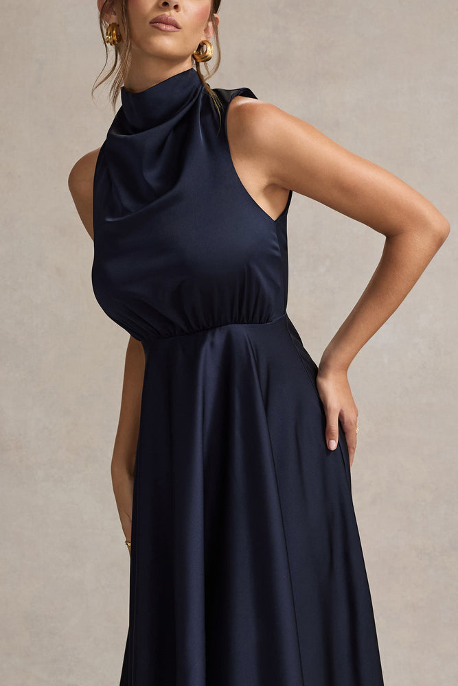 Kerri Navy Satin Cowl Neck Maxi Dress