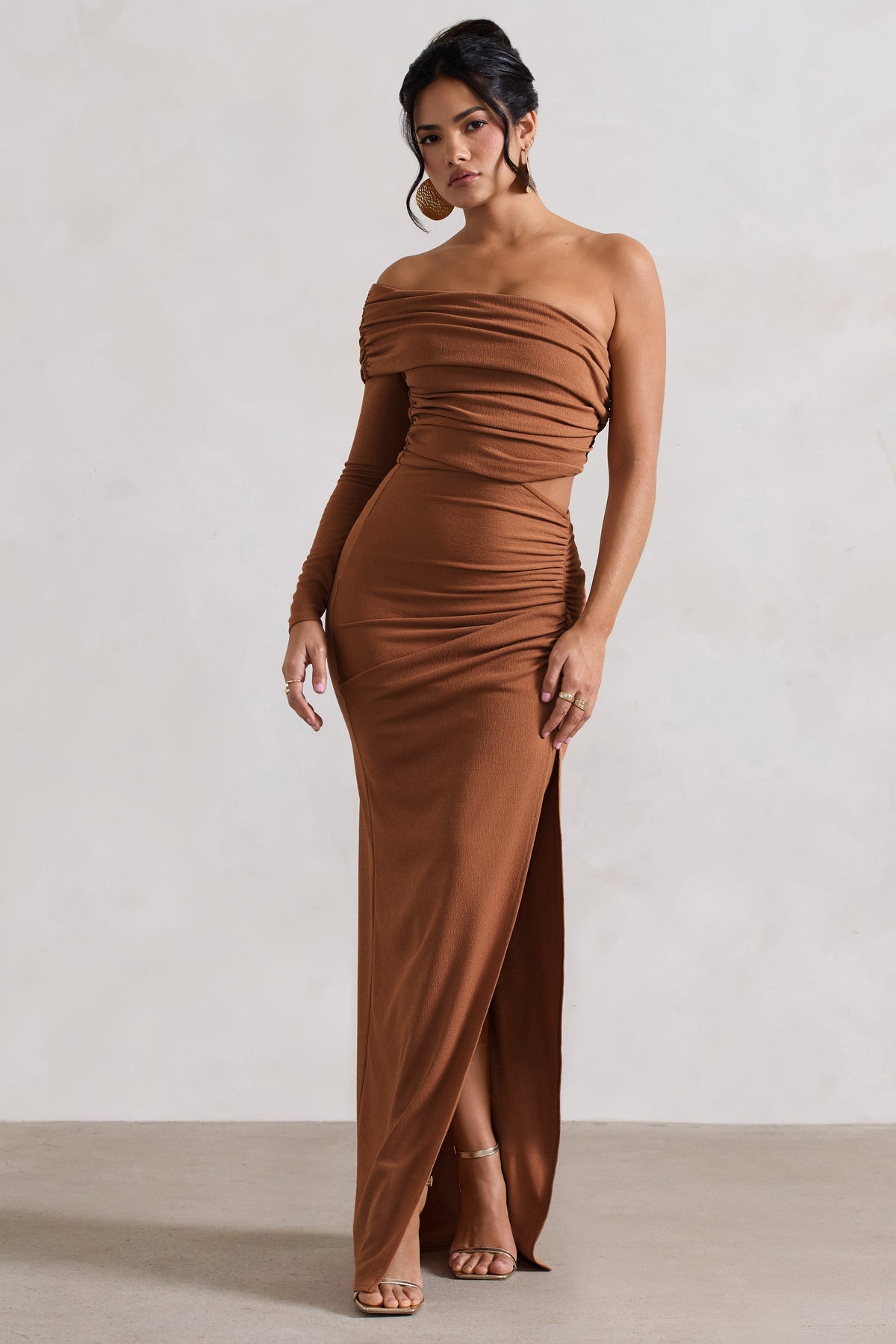 Ecuador Camel Crinkle Asymmetric One Sleeve Cut Out Maxi Dress Club L London CA