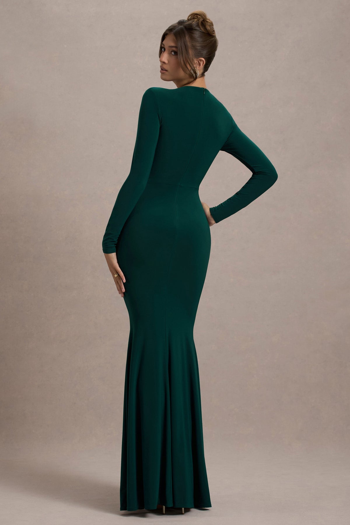 Leslie Bottle Green Long Sleeve Twisted Split Maxi Dress US 8 bottle green