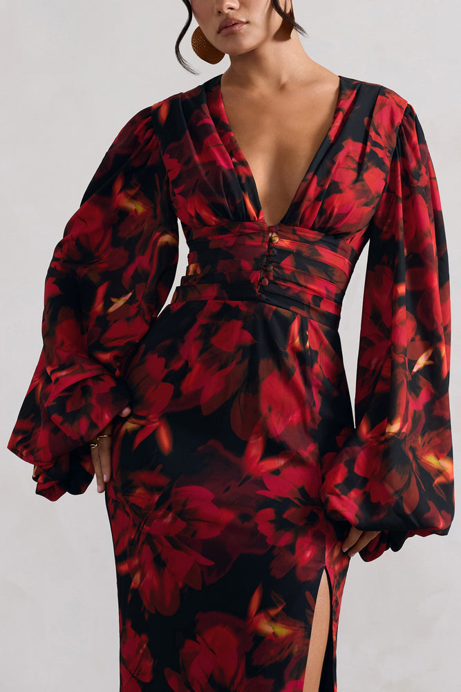 Casarile Red Floral Print V Neck Balloon Sleeve Maxi Dress Club L London CA