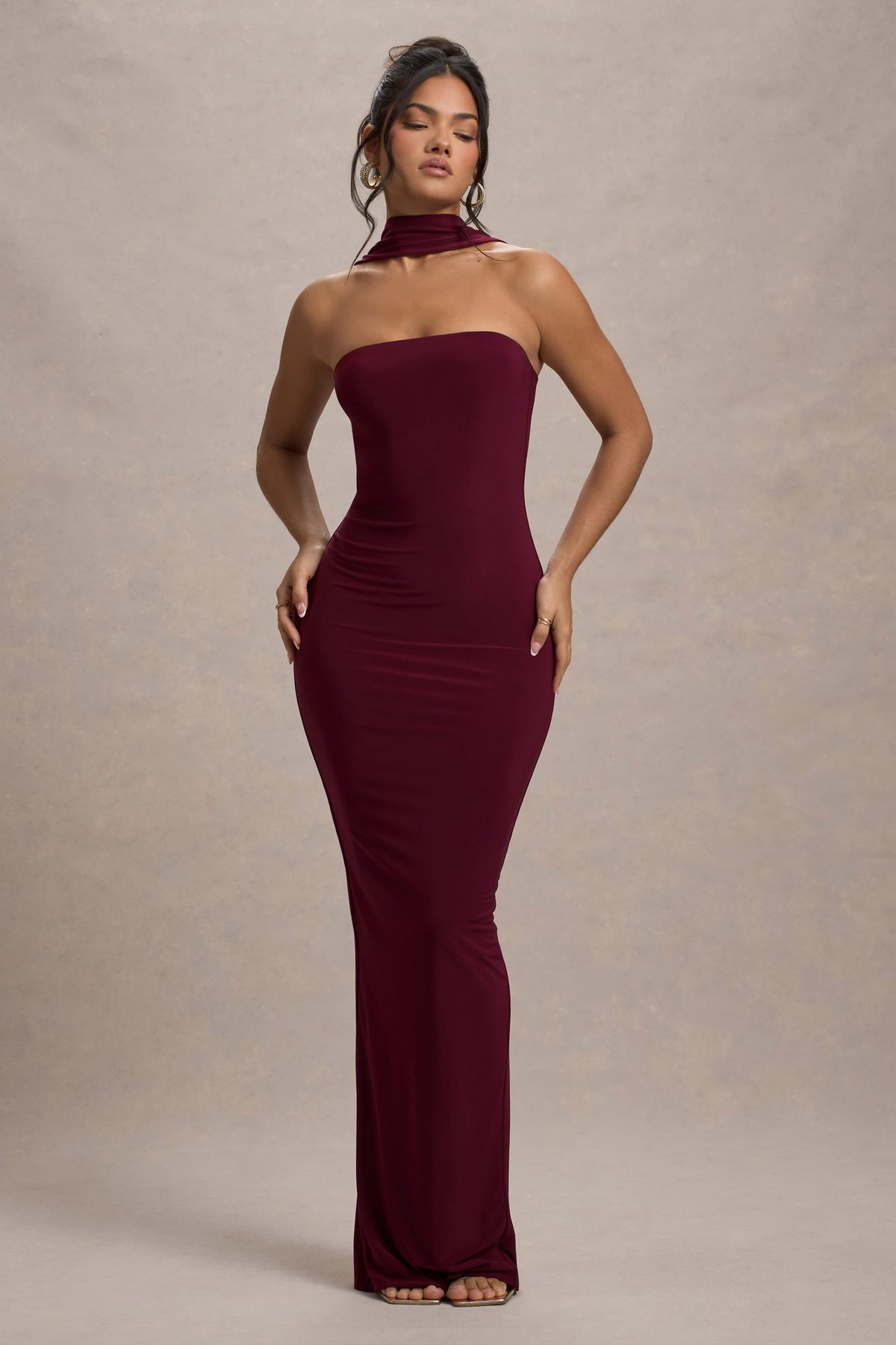 Nobu Burgundy Bandeau Maxi Dress With Halter-Collar Club L London - CA Nobu Burgundy Bandeau Maxi Dress With Halter-Collar Club L London - CA