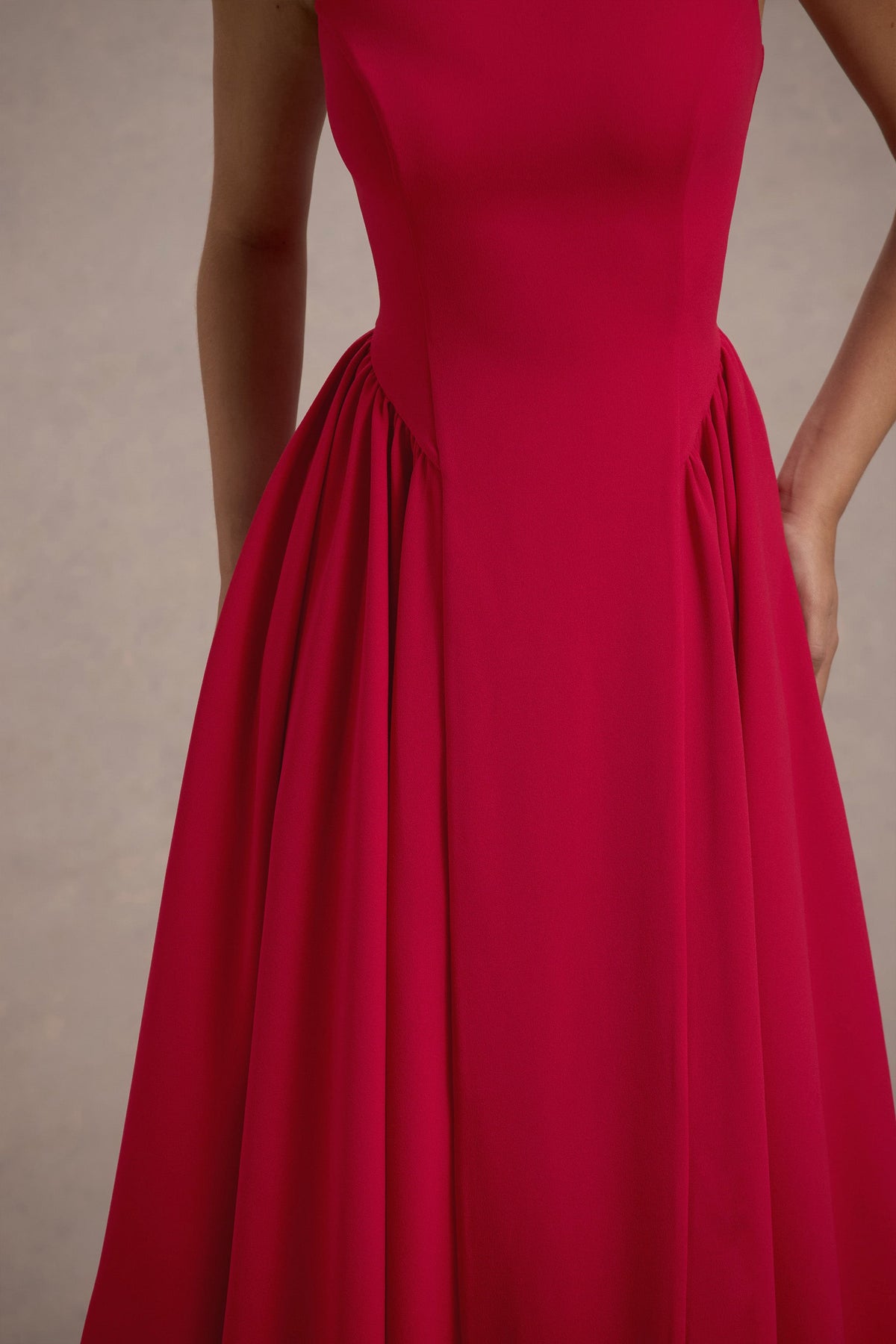Muriel Red Boat-Neck Volume-Hem Midi Dress Club L London - CA Muriel Red Boat-Neck Volume-Hem Midi Dress Club L London - CA
