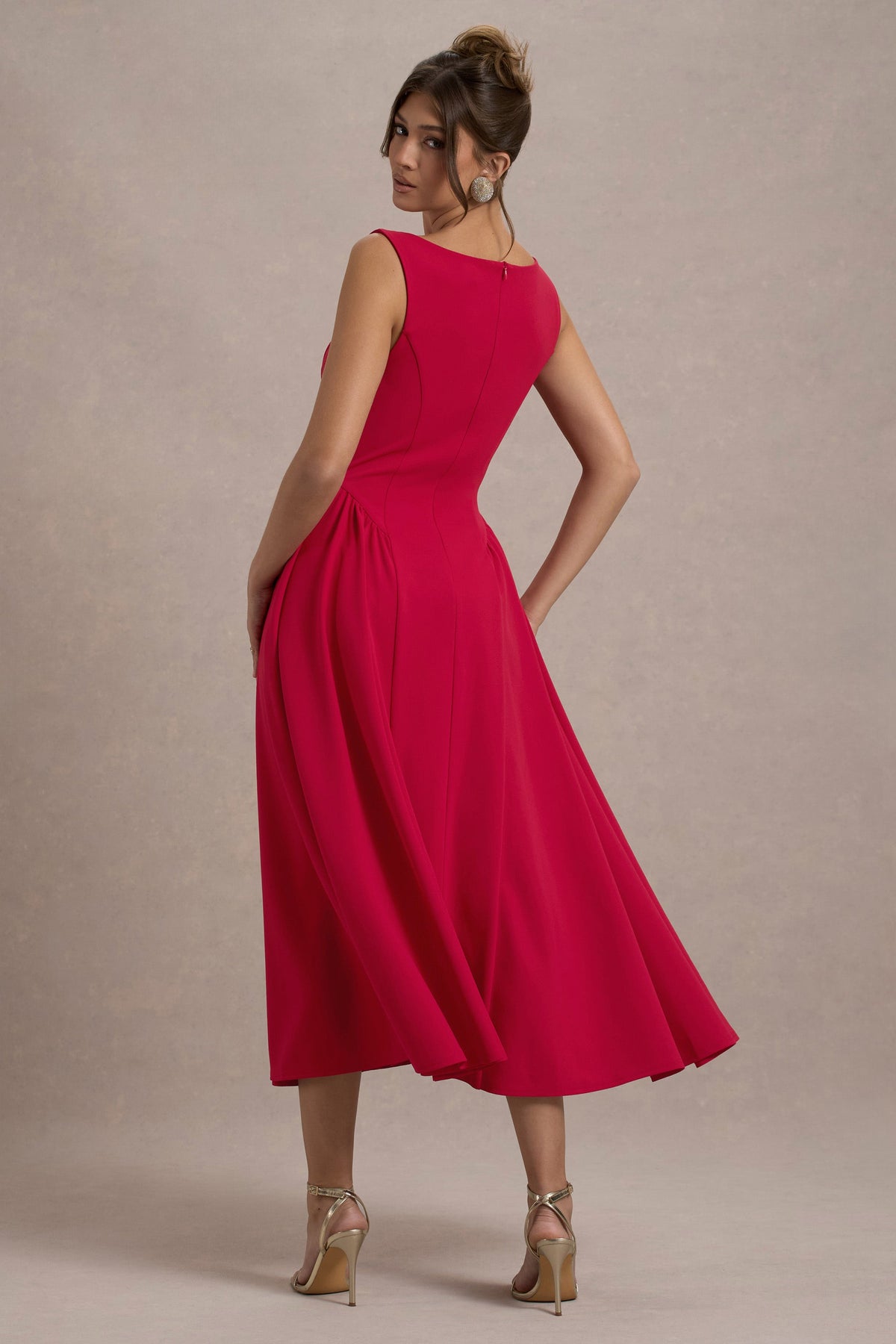 Muriel Red Boat-Neck Volume-Hem Midi Dress Club L London - CA Muriel Red Boat-Neck Volume-Hem Midi Dress Club L London - CA