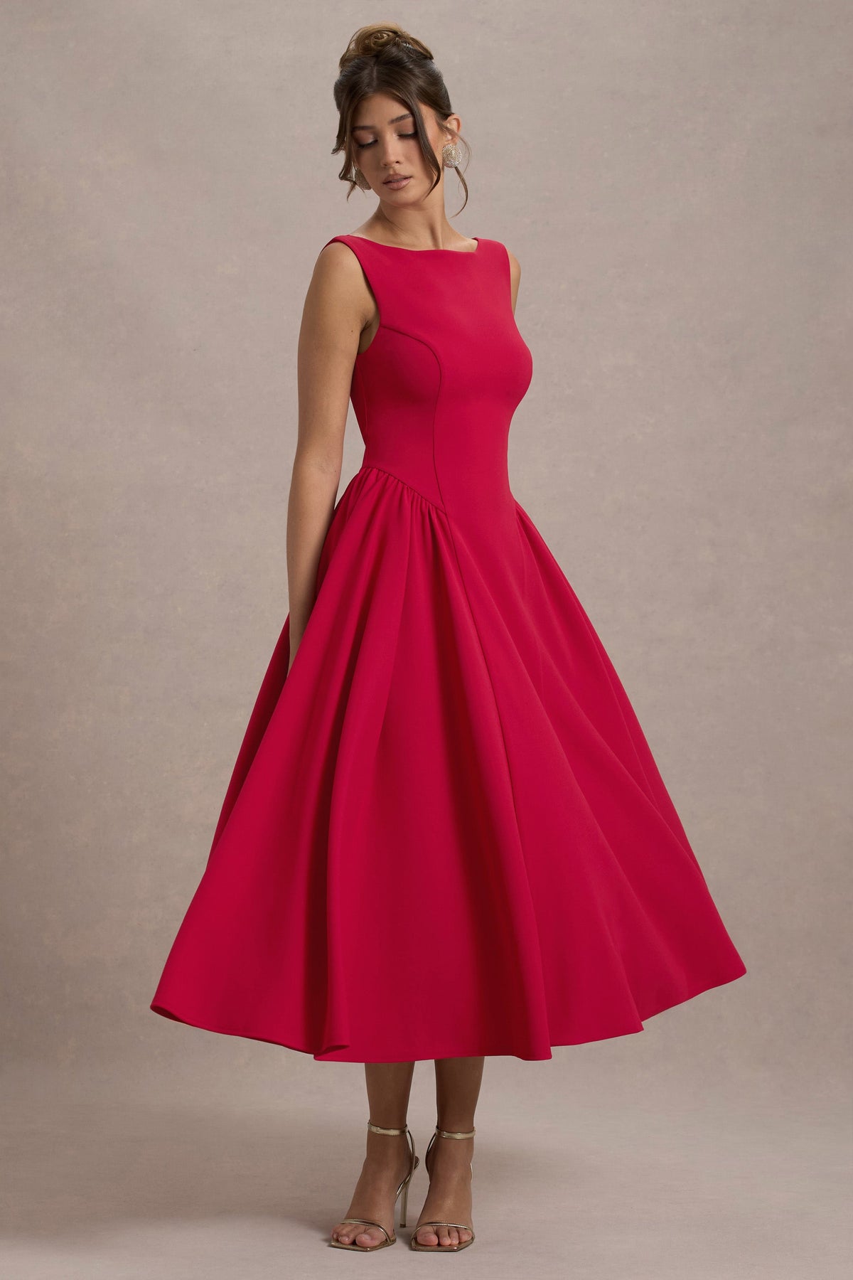 Muriel Red Boat-Neck Volume-Hem Midi Dress Club L London - CA Muriel Red Boat-Neck Volume-Hem Midi Dress Club L London - CA