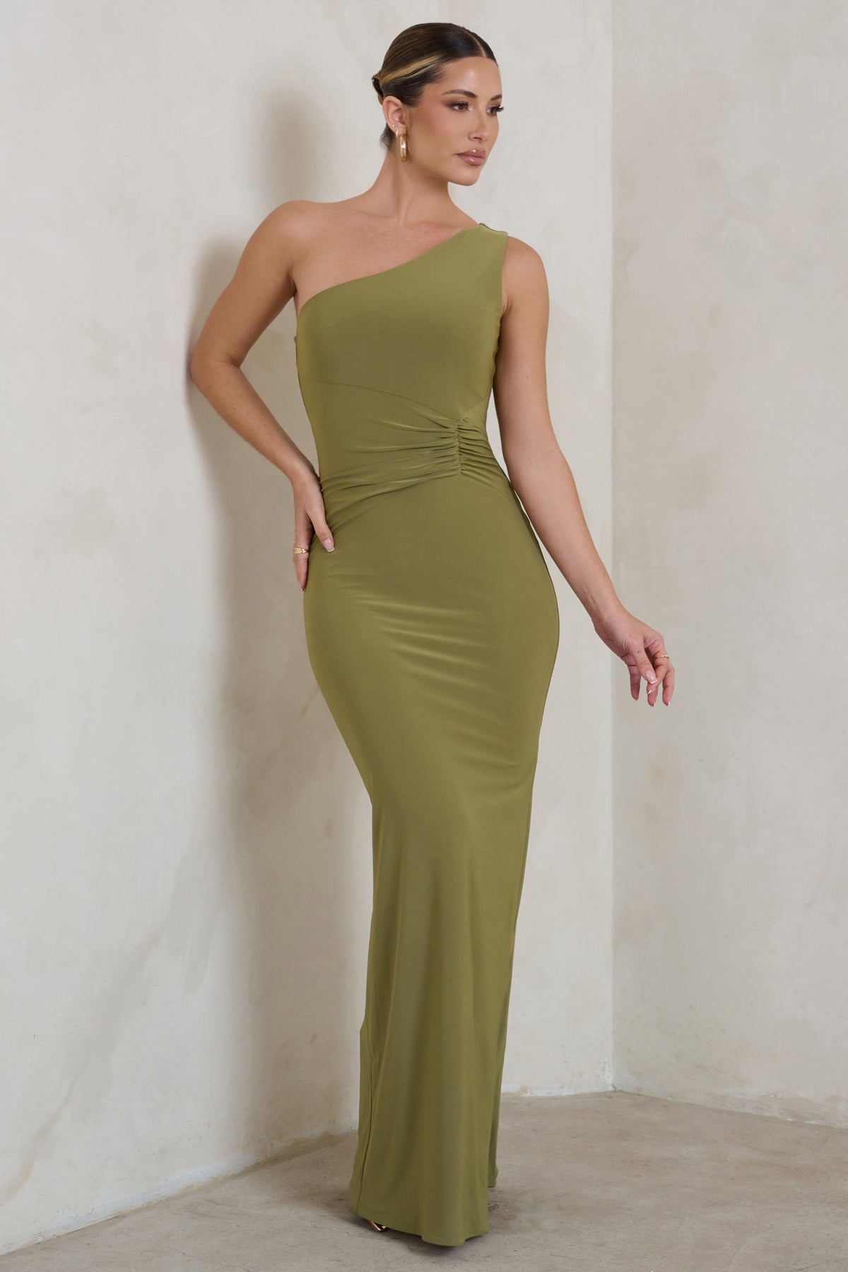 Kary | Olive Green One Shoulder Thigh Split Maxi Dress