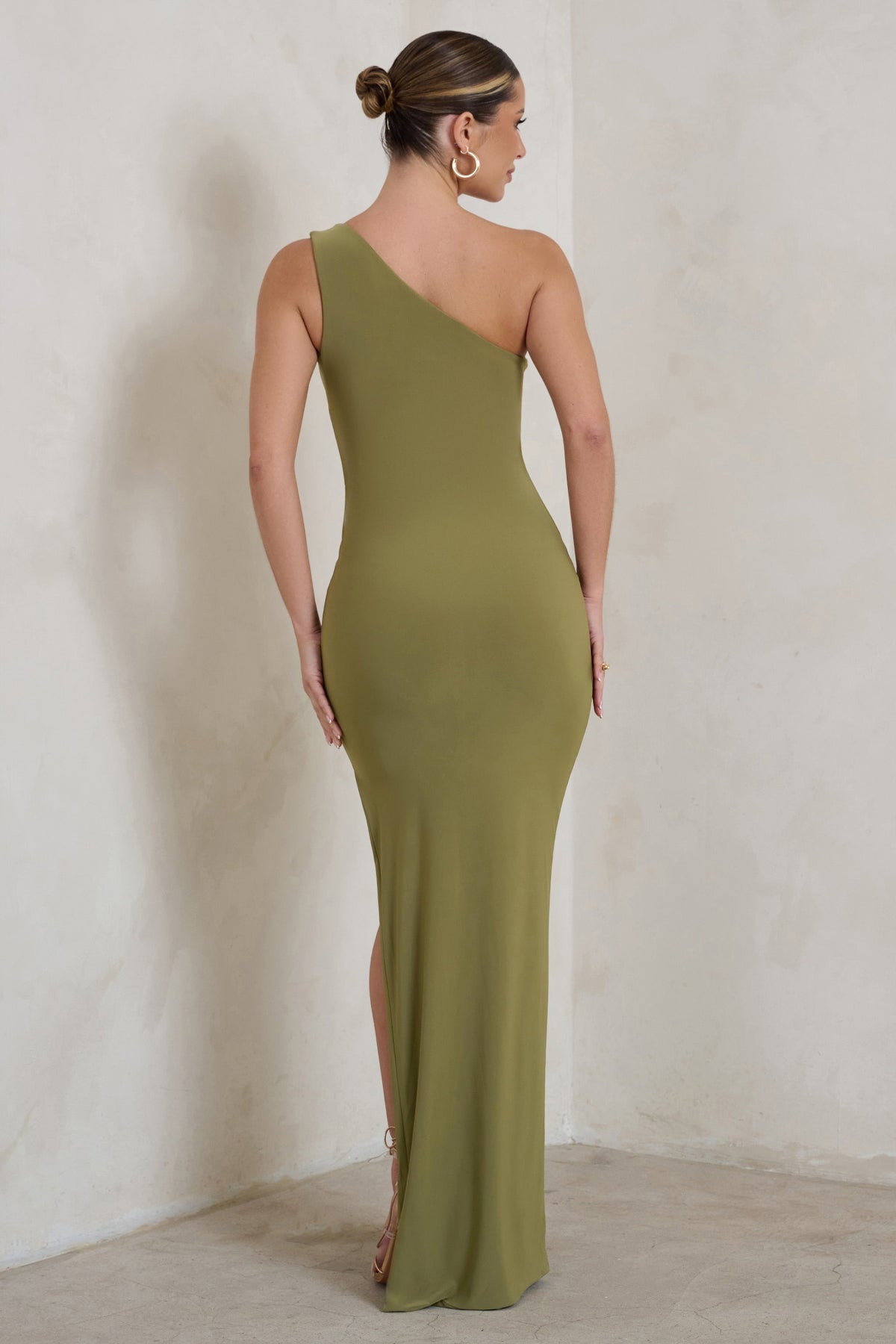 Kary | Olive Green One Shoulder Thigh Split Maxi Dress