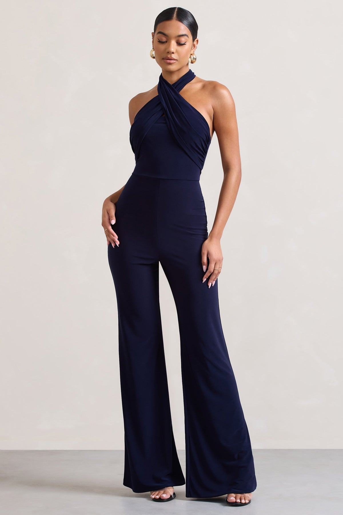 Goddess | Navy Halter Neck Flare Jumpsuit