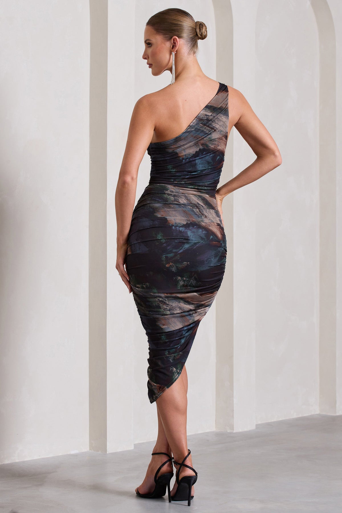 Late Night | Brown And Blue Print Asymmetric One Shoulder Ruched Midi Dress