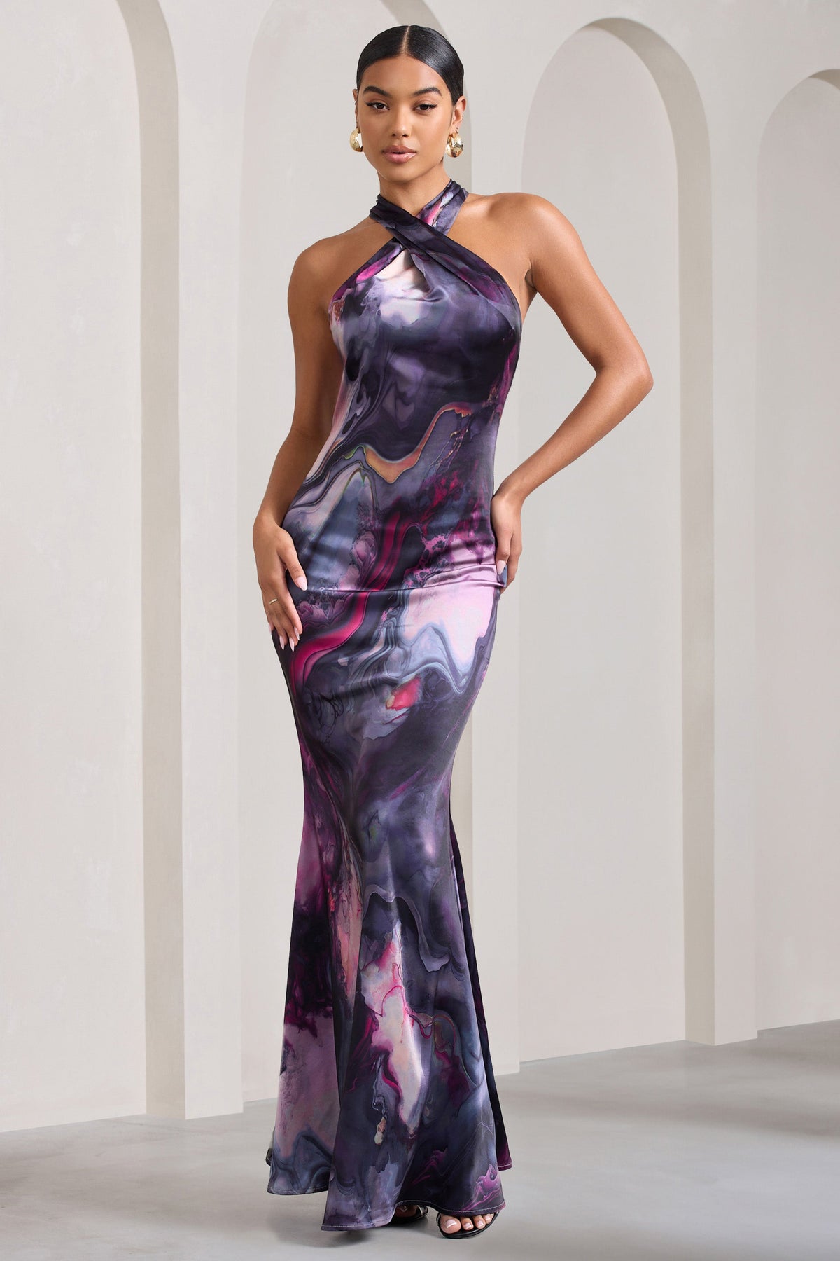 Unstoppable | Marble Print Satin Cross Over Halterneck Maxi Dress