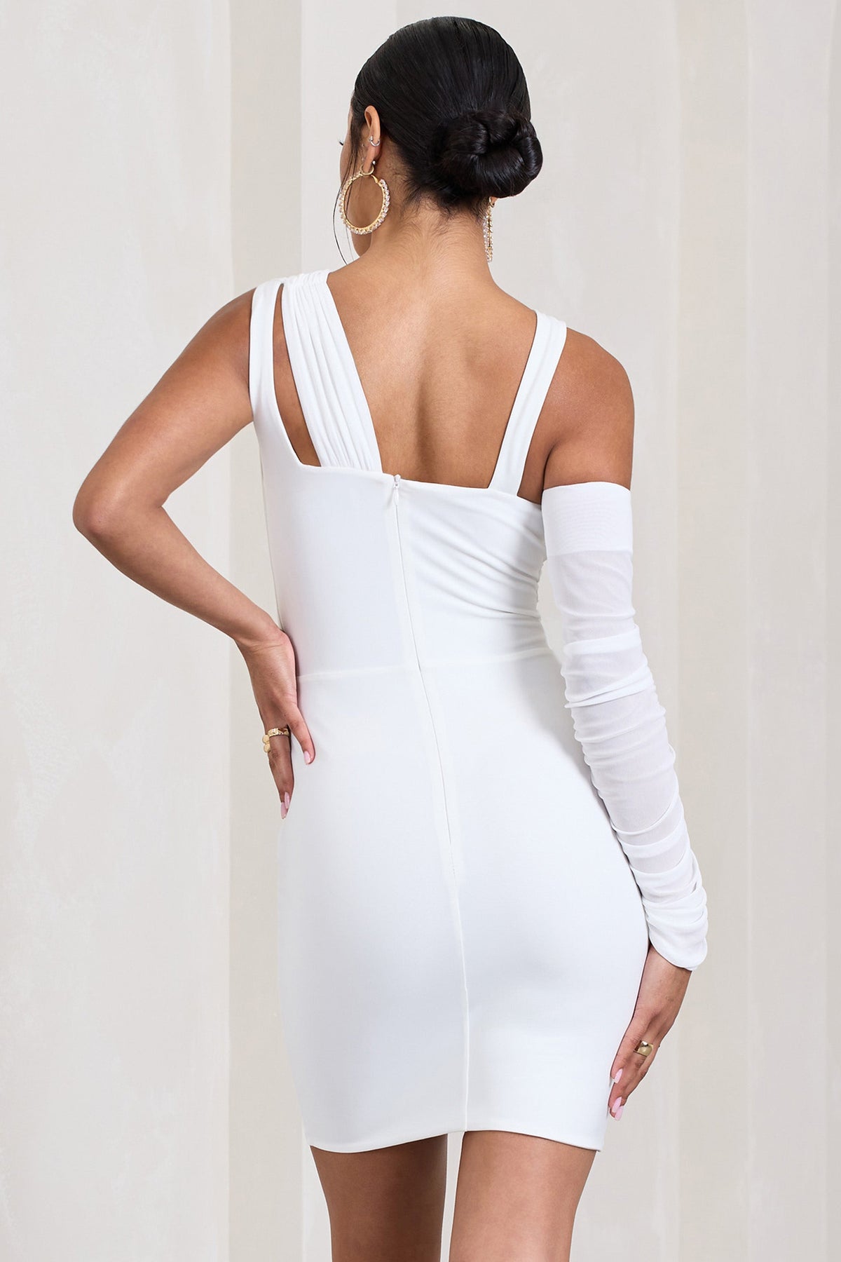 She's Electric | White One Shoulder Ruched Mesh Mini Dress