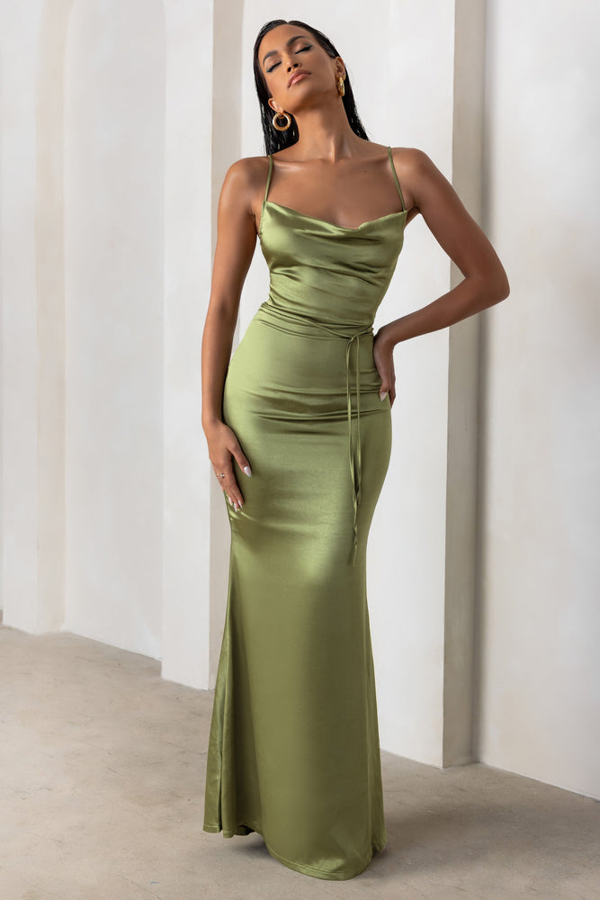 Lifetime Olive Satin Cowl Neck Maxi Dress With Cross Back Detail Club L London CA